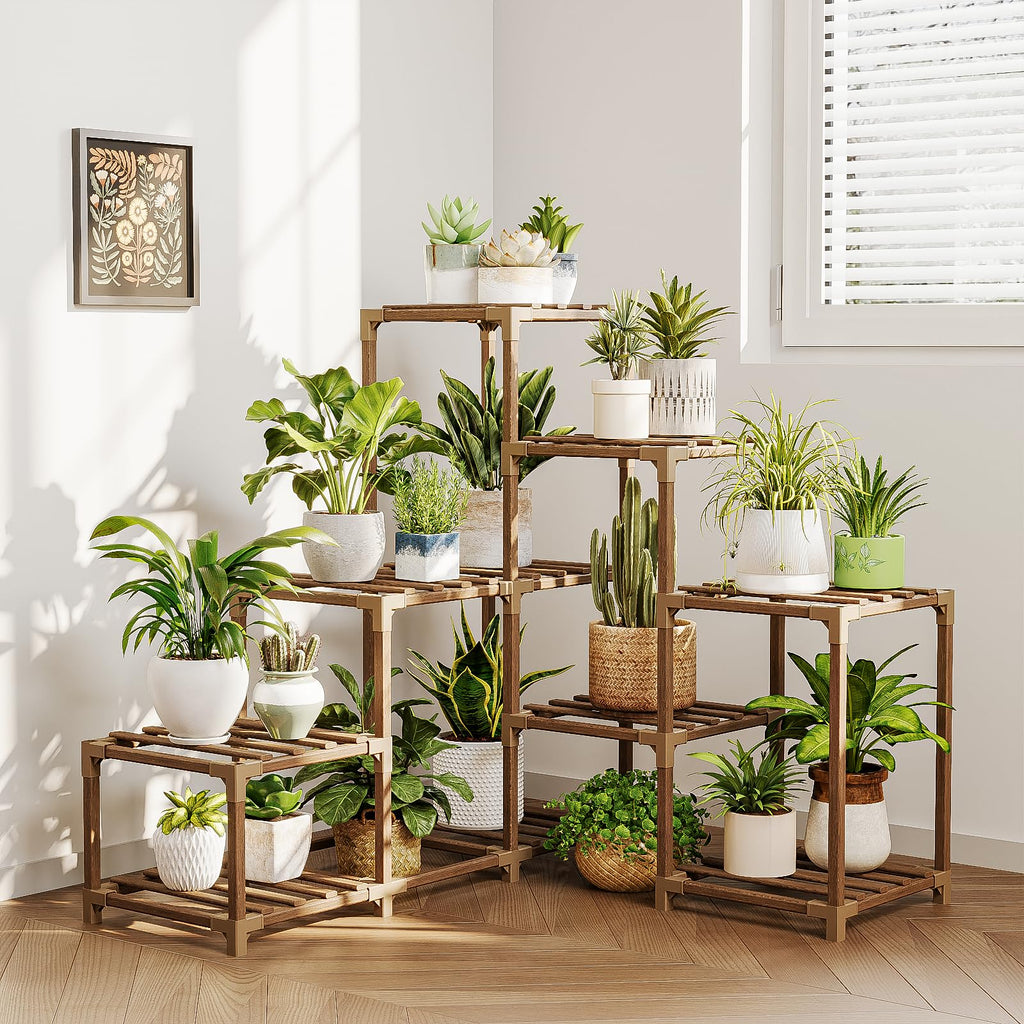 Bamworld Plant Stand Indoor Plant Shelf Outdoor Wood Plant Rack for Multiple Plants 3 Tiers Ladder Plant Holder for Living Room Patio Boho Home Decor for Gardening