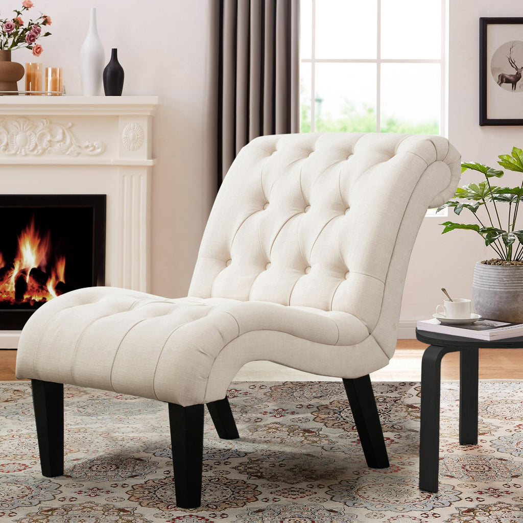 Mid Century Modern Accent Chair, Button Tufted Armless Lounge Chair, Upholstered Linen Side Chair with Solid Wood Legs for Bedroom, Living Room, Office