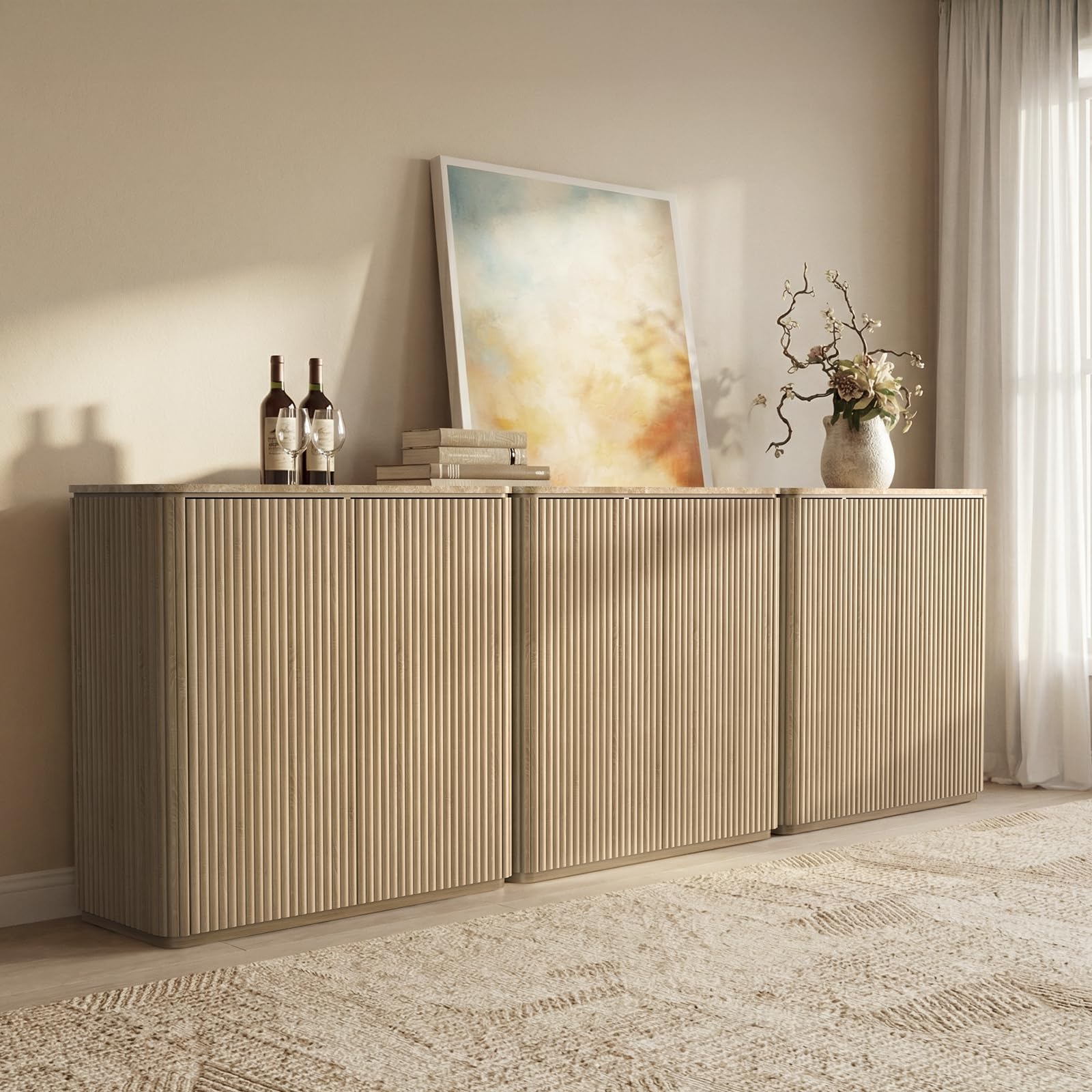 Fluted 2 Doors Sideboard Cabinet with Storage, 34" Wooden Credenza with Shelves, Faux Marble-Top Coffee Bar Console Table, Modern Buffet Cabinet for Dining, Kitchen, Living Room, Entryway, Dark Oak
