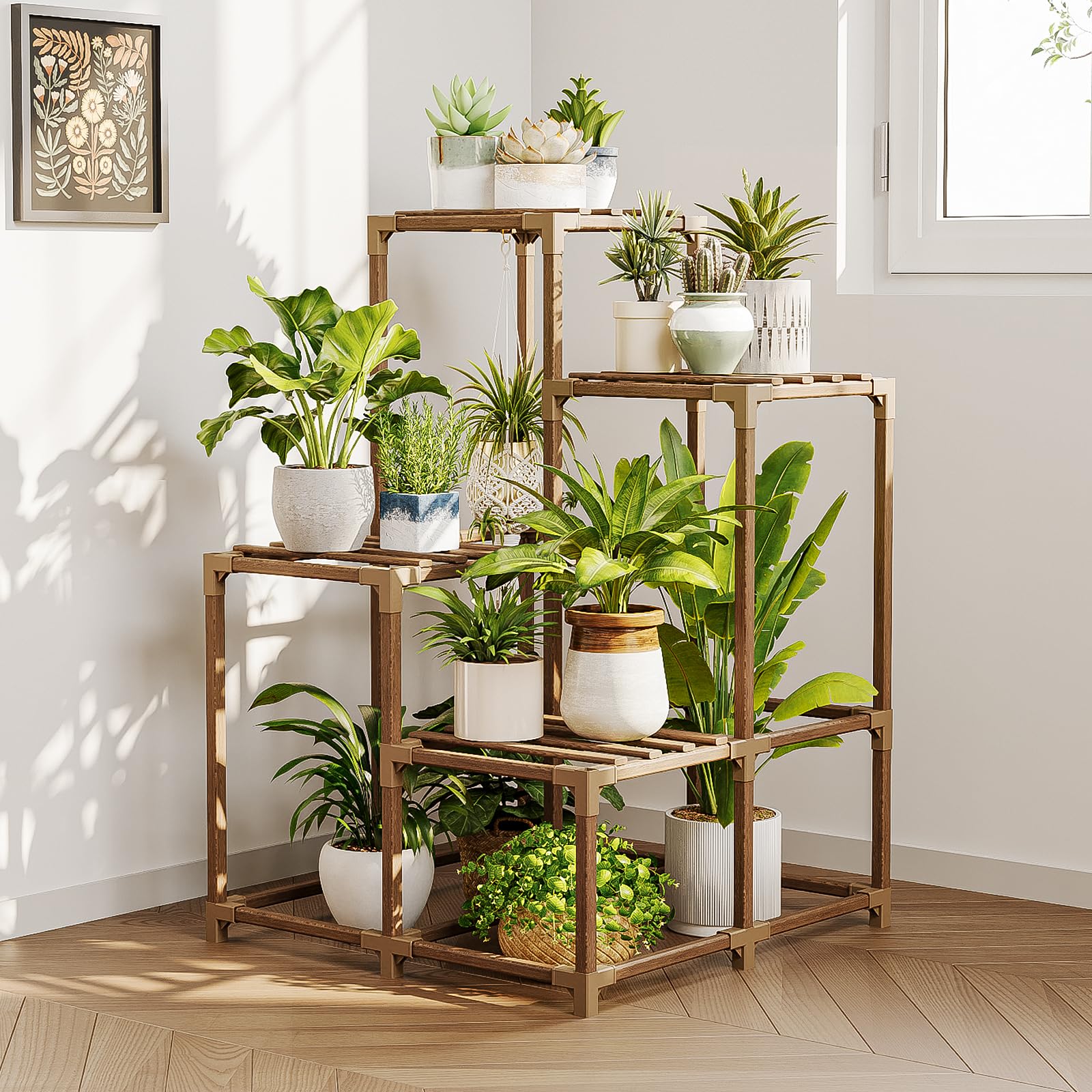 Bamworld Plant Stand Indoor Plant Shelf Outdoor Wood Plant Rack for Multiple Plants 3 Tiers Ladder Plant Holder for Living Room Patio Boho Home Decor for Gardening