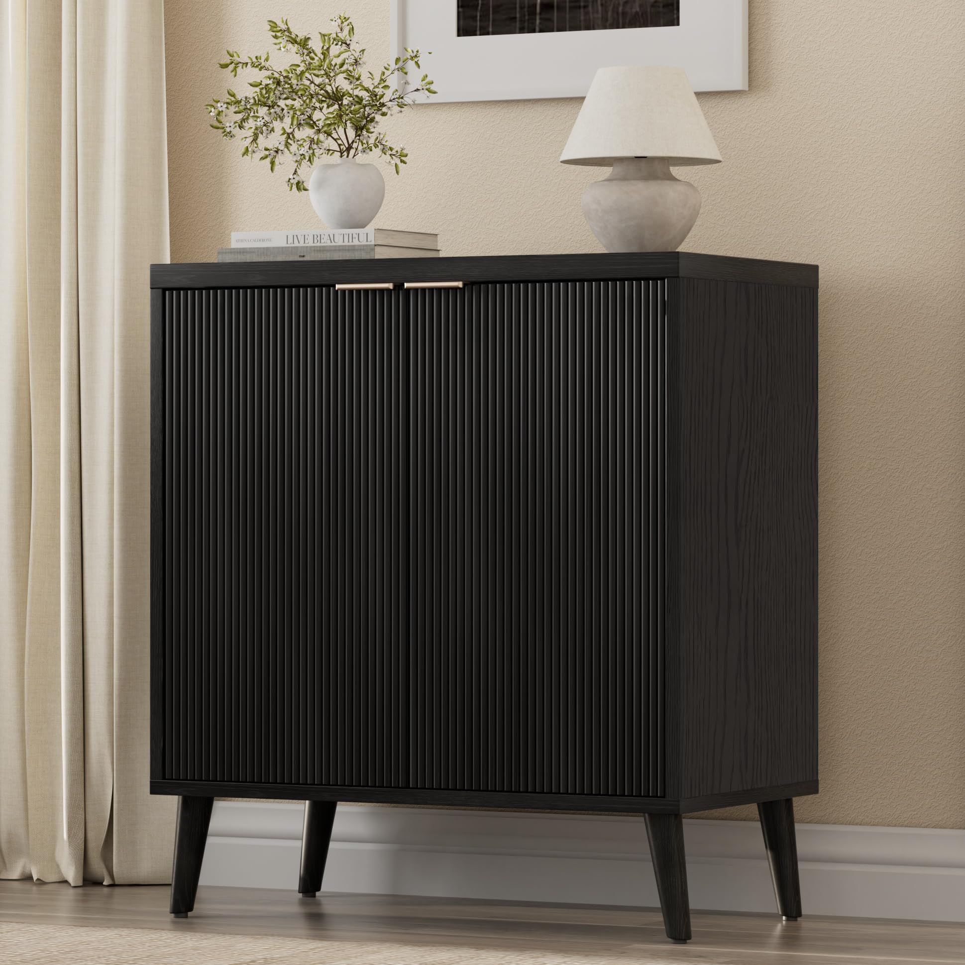 Homleke Buffet Cabinet with Storage, Modern Fluted Accent Sideboard with Doors & Adjustable Shelf, Buffet Table Entryway Cabinets for Living Room, Kitchen, Dining Room, Hallway, Natural