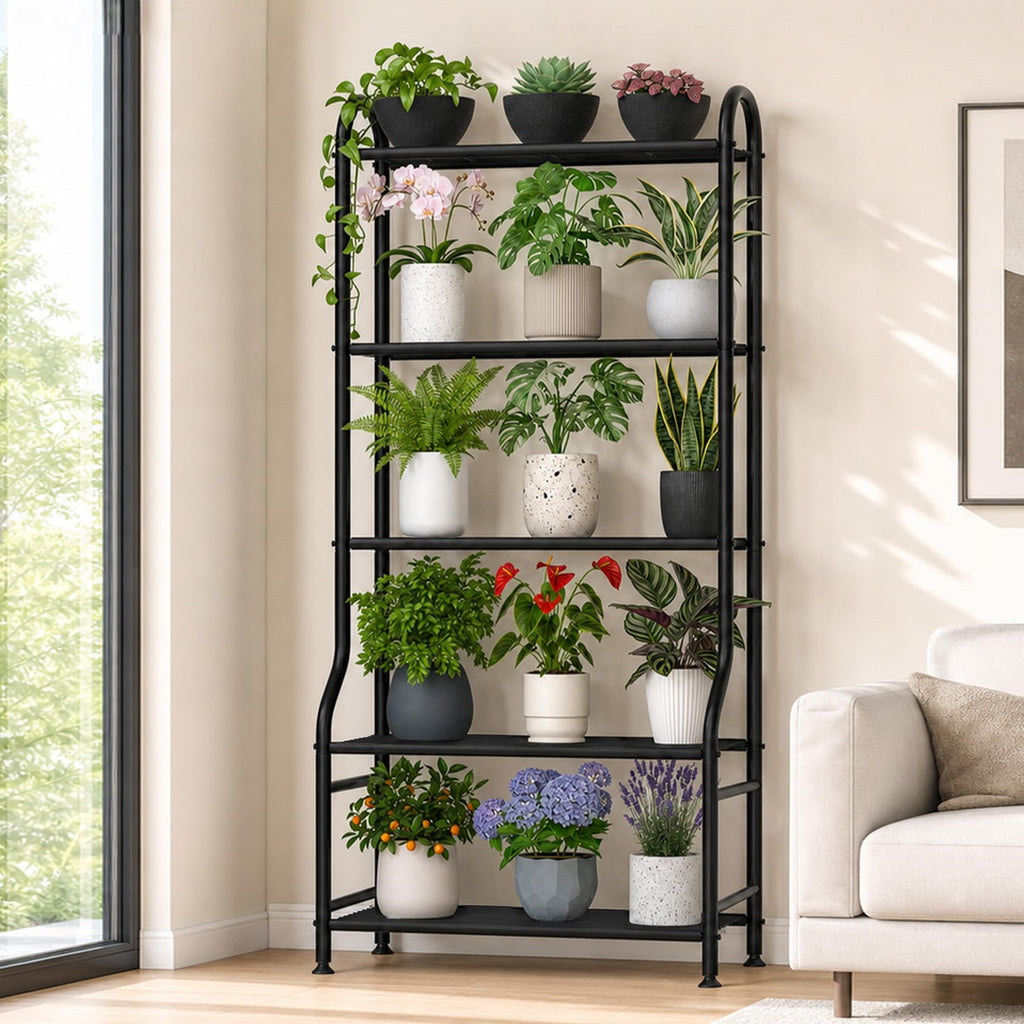 5-Tier Metal Plant Stand - Heavy Duty Indoor Outdoor Flower Shelf for Multiple Pots, 65" Tall Vertical Holder with Adjustable Leveling Feet & Wall-Fixing Kits, Black