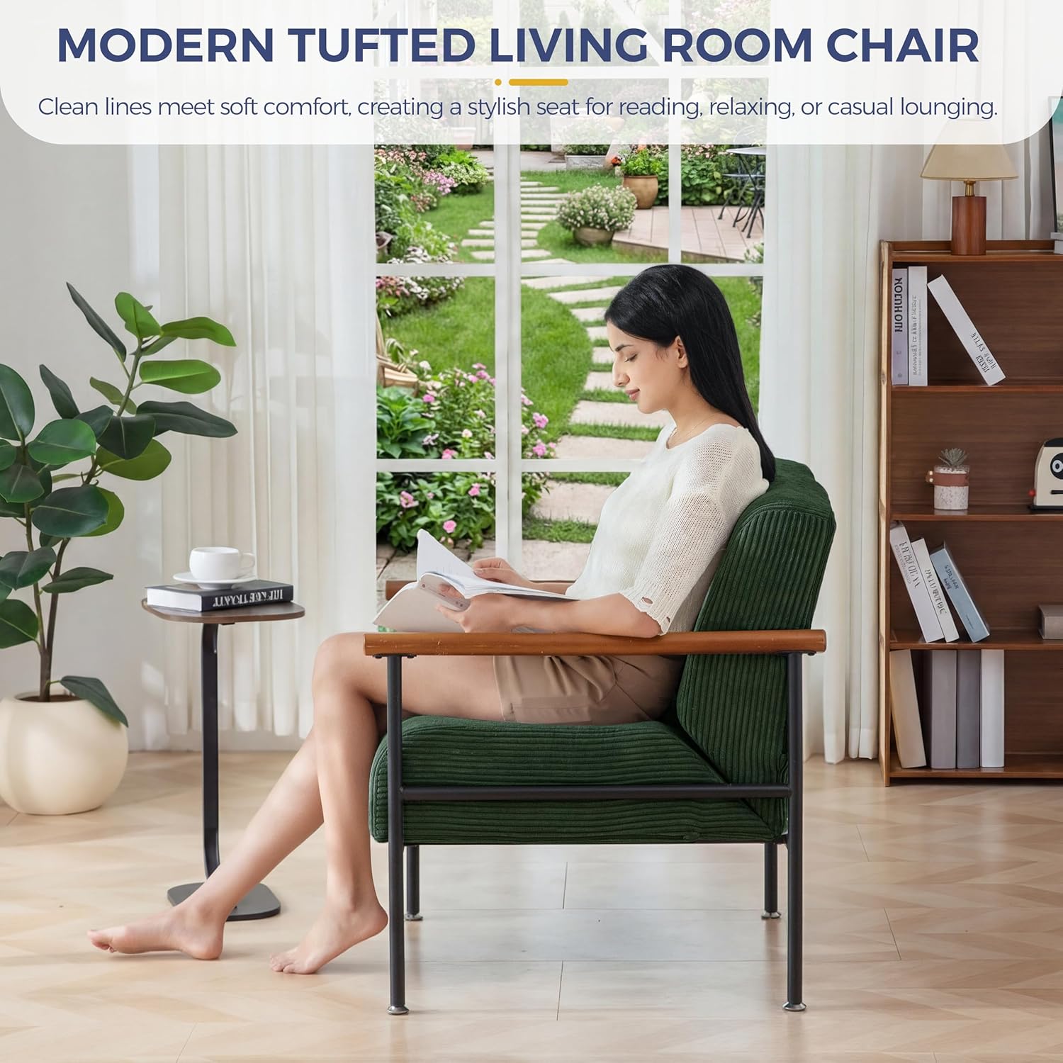 MAXYOYO Living Room Accent Chair, Modern Chair with Sturdy Metal Frame & Wood Armrests, Upholstered Reading Chair with Upholstered Cushion for Bedroom Balcony Porch, Dark Green