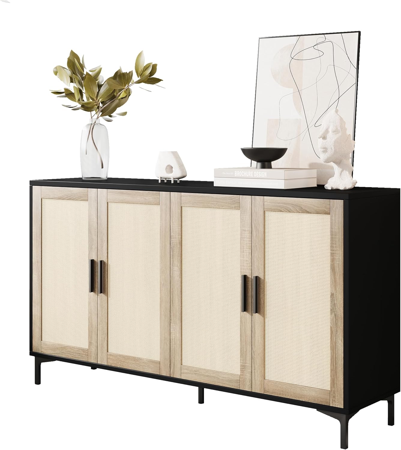 48" Rattan Sideboard Buffet Cabinet with Doors & Adjustable Shelves, Black Storage Console Table for Kitchen Living Room Entryway