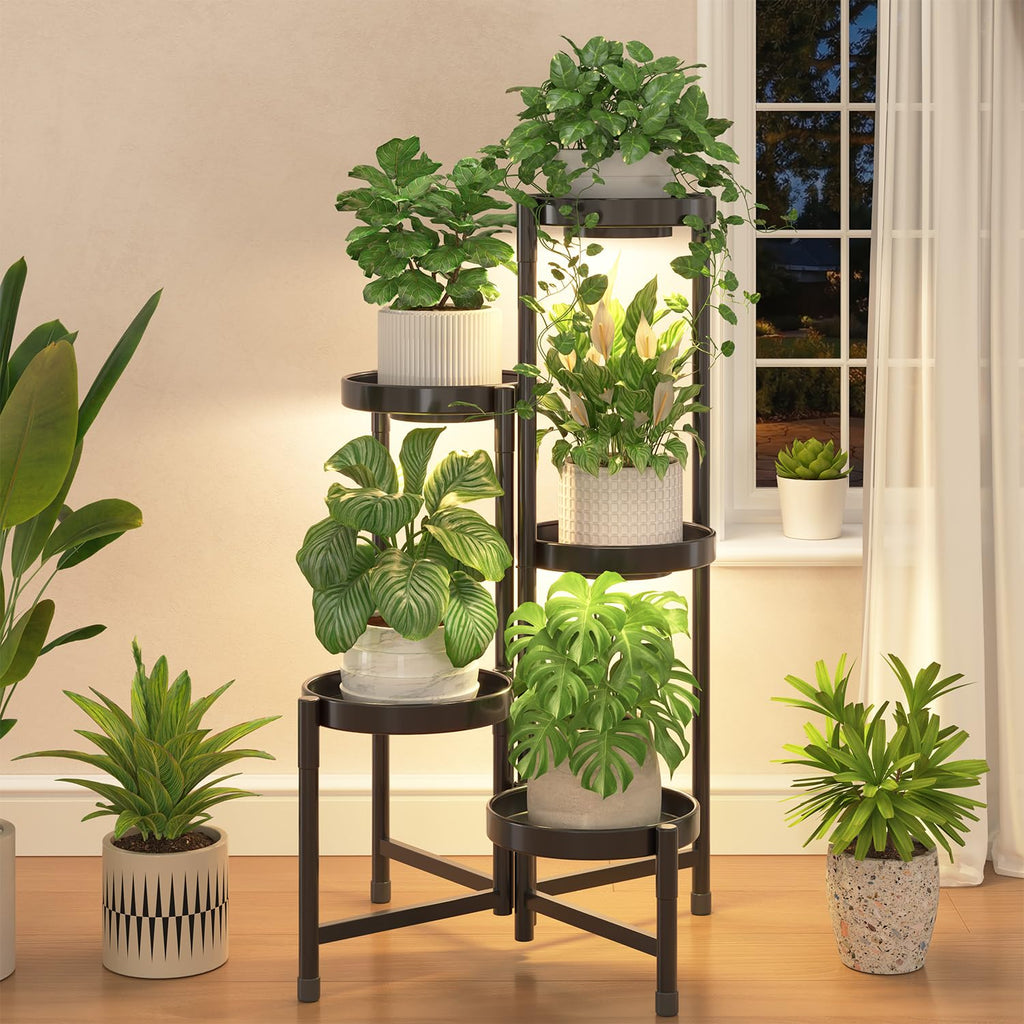 iDavosic.ly Plant Stand Indoor Outdoor, 5 Tier Corner Metal Flower Display Holder Shelf, Folding Tall Orchid Rack for Patio Balcony Porch Garden Living Room House, Black