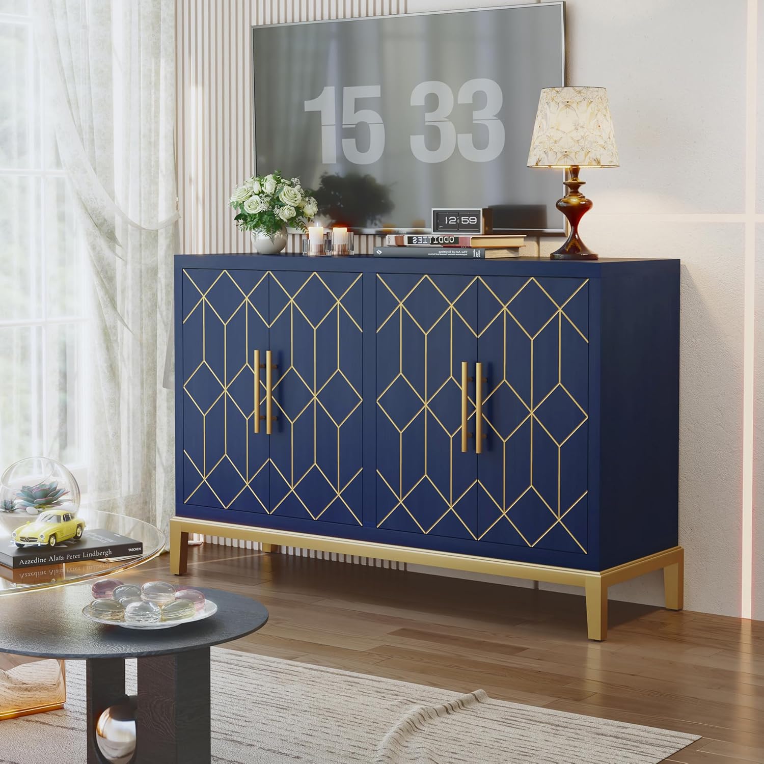 HLR 48" Accent Cabinet with 4 Doors and Shelves, Modern Credenza Storage Cabinet with Gold Trim, Sideboard Buffet for Living Room, Kitchen, Dining Room, Hallway, Blue