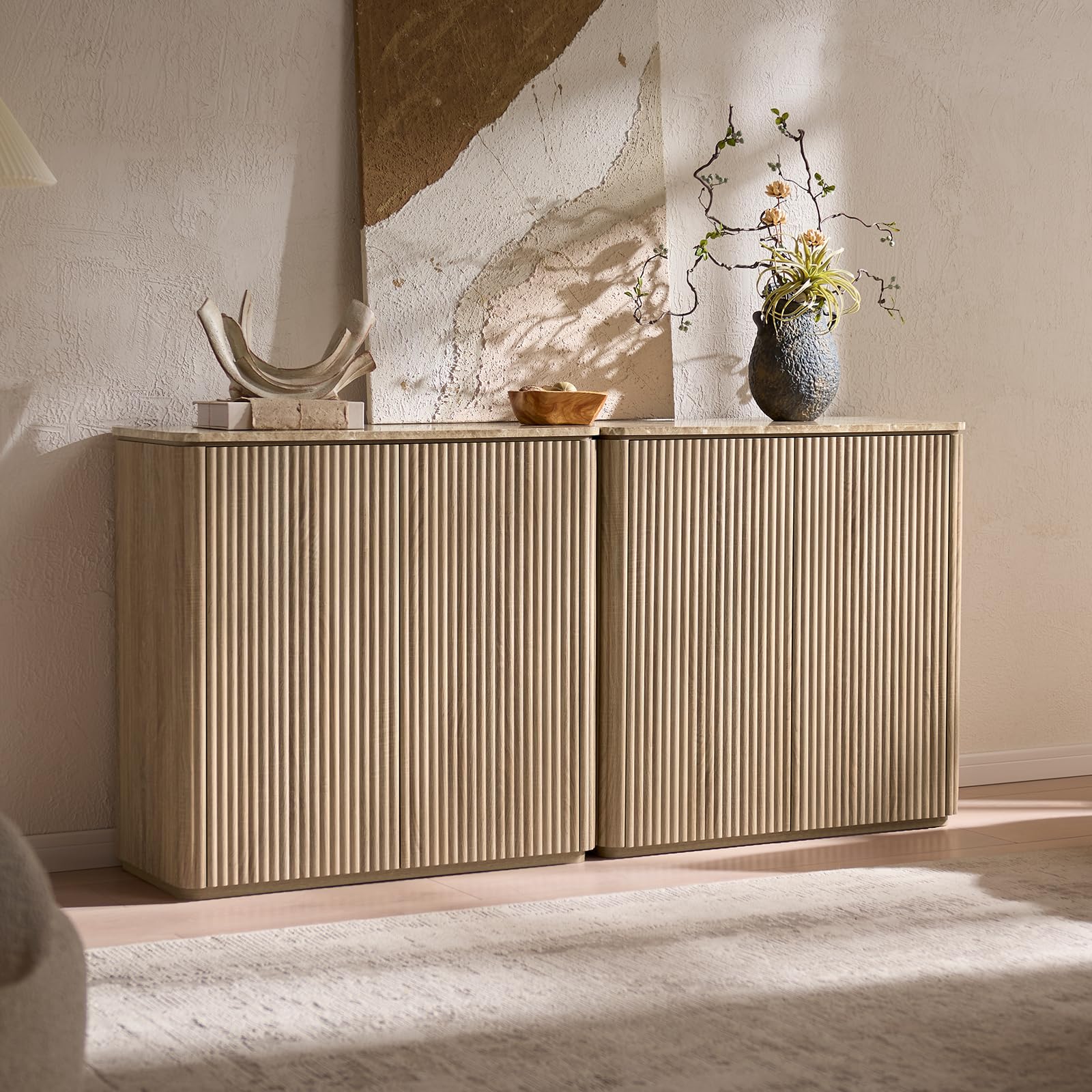 Fluted 2 Doors Sideboard Cabinet with Storage, 34" Wooden Credenza with Shelves, Faux Marble-Top Coffee Bar Console Table, Modern Buffet Cabinet for Dining, Kitchen, Living Room, Entryway, Dark Oak