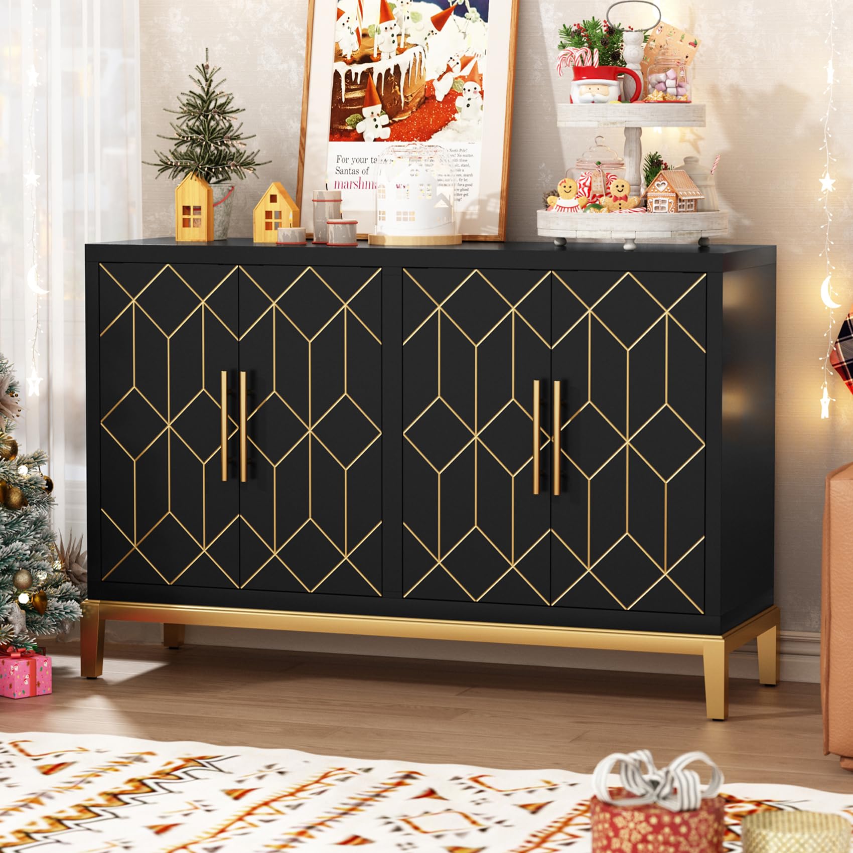 HLR 48" Accent Cabinet with 4 Doors and Shelves, Modern Credenza Storage Cabinet with Gold Trim, Sideboard Buffet for Living Room, Kitchen, Dining Room, Hallway, Blue