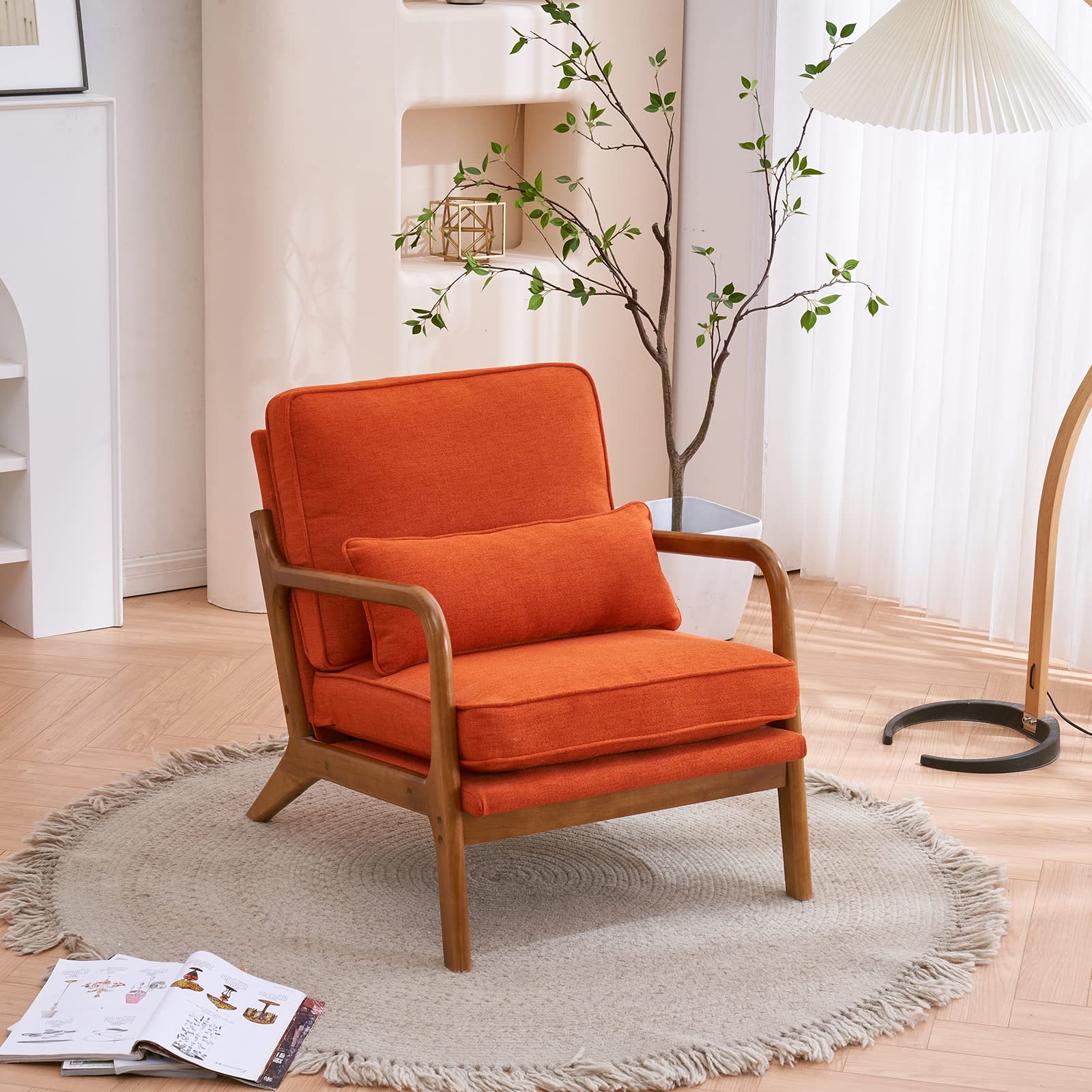 Karl home Accent Chair Mid-Century Modern Chair with Pillow Linen Fabric Upholstered Lounge Arm Chair with Solid Wood Frame & Soft Cushion for Living Room, Bedroom, Balcony, Beige