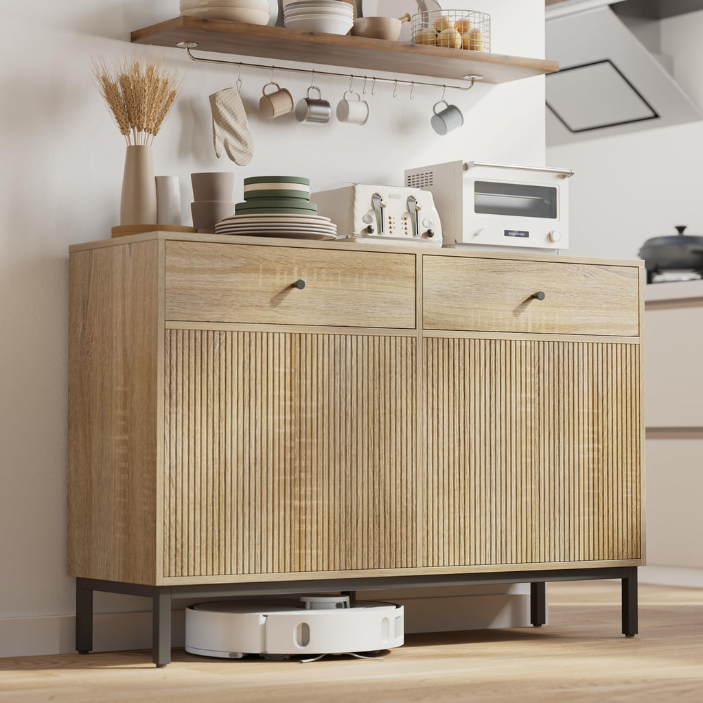Mericonia Farmhouse Buffet Sideboard Cabinet with Storage, Fluted Coffee Bar with Doors and Adjustable Shelves, Modern Wood Console Cabinet for Kitchen, Livingroom (Fluted 4 Door, Natural)