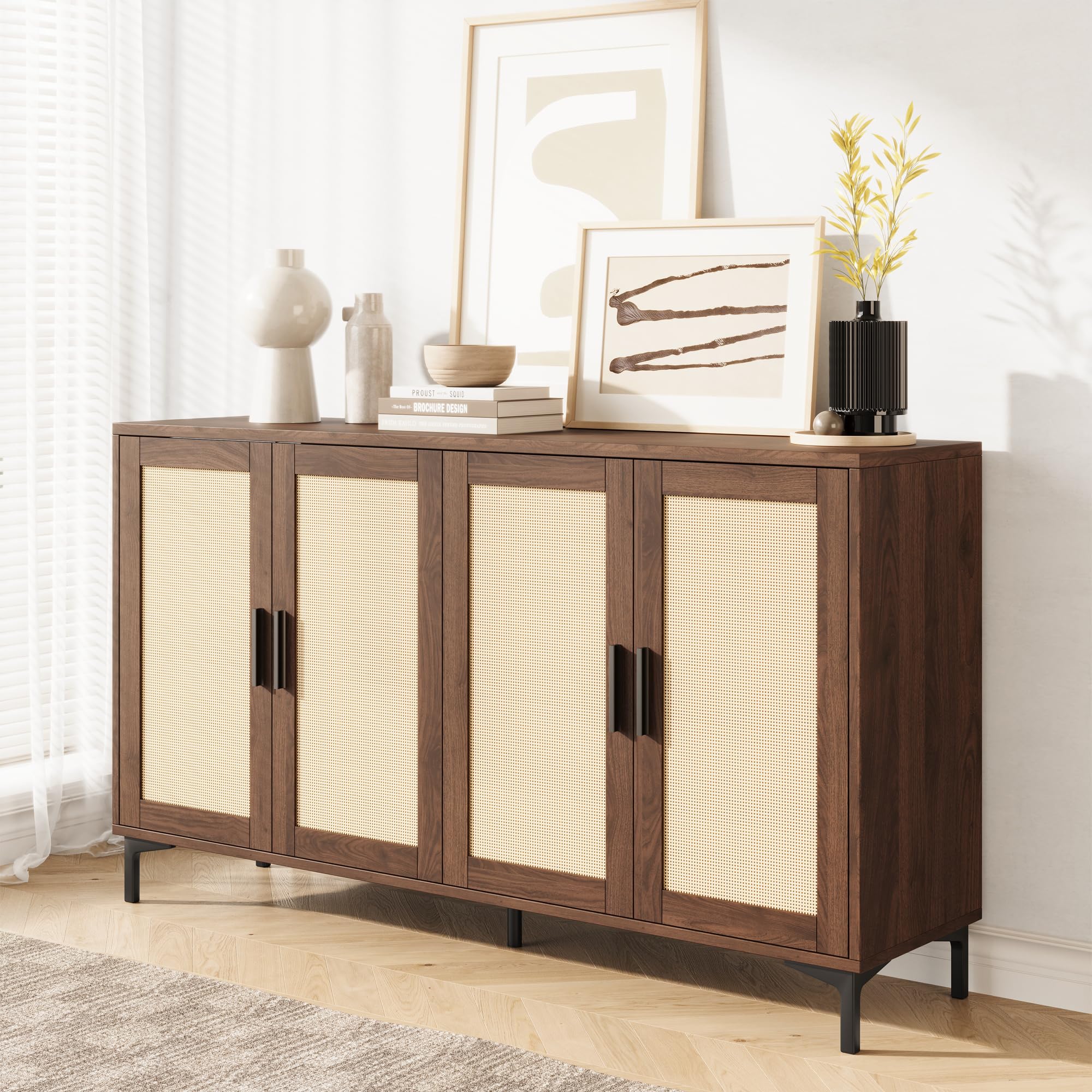 JASIWAY Buffet Cabinet with Storage, 48" Rattan Sideboard with Adjustable Shelves, Modern Coffee Bar Cabinet Console Table with Doors, Credenza for Kitchen, Living Room, Entryway, Dining Room, Wood
