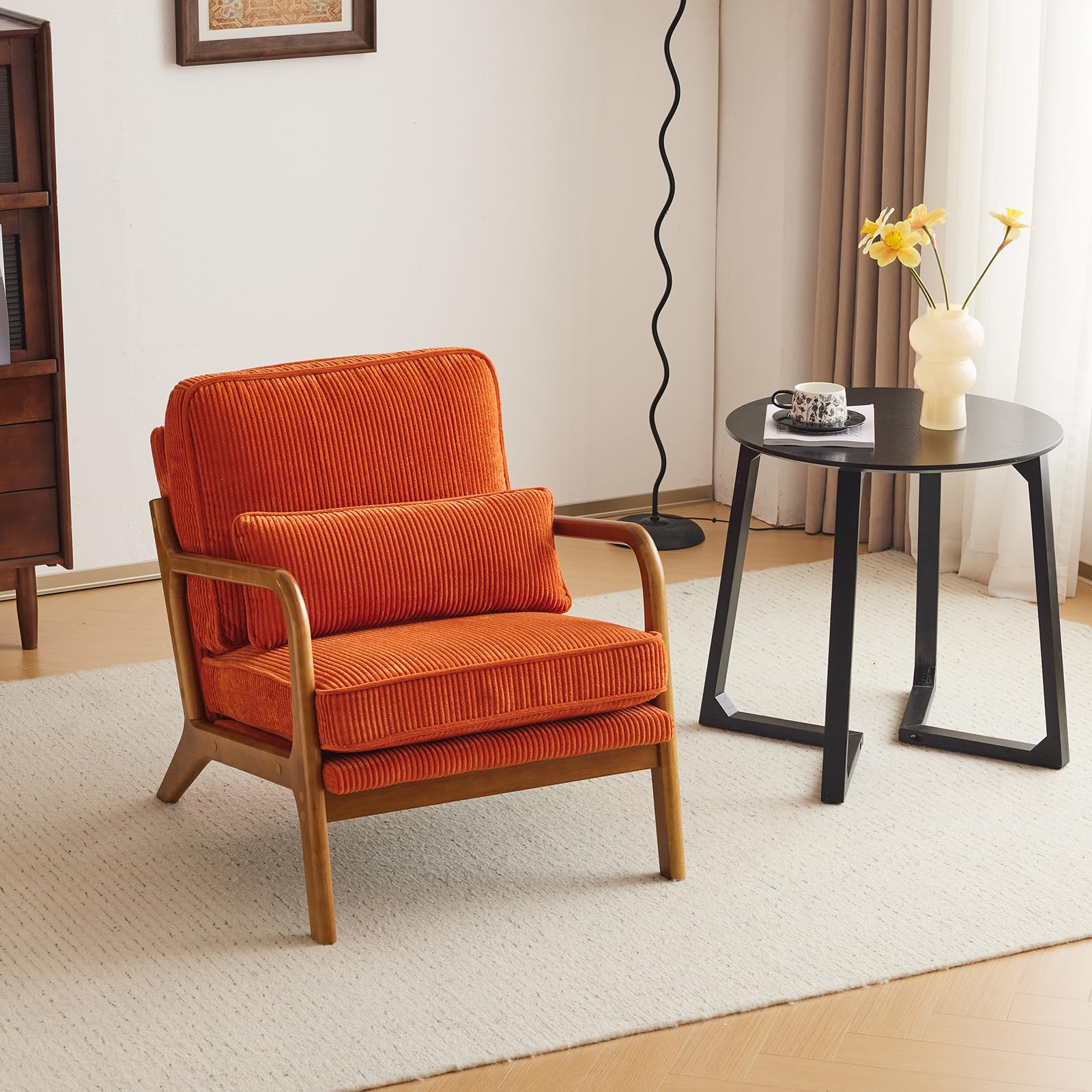 Karl home Accent Chair Mid-Century Modern Chair with Pillow Linen Fabric Upholstered Lounge Arm Chair with Solid Wood Frame & Soft Cushion for Living Room, Bedroom, Balcony, Beige