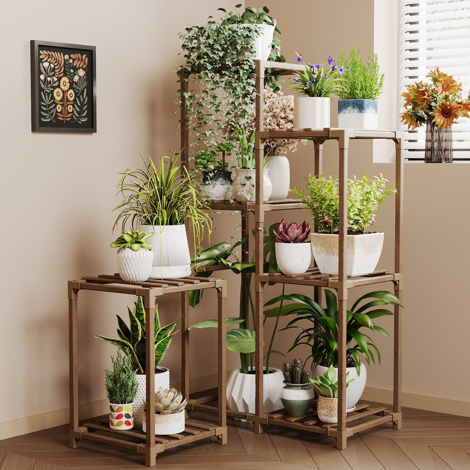 Bamworld Plant Stand Indoor Plant Shelf Outdoor Wood Plant Rack for Multiple Plants 3 Tiers Ladder Plant Holder for Living Room Patio Boho Home Decor for Gardening