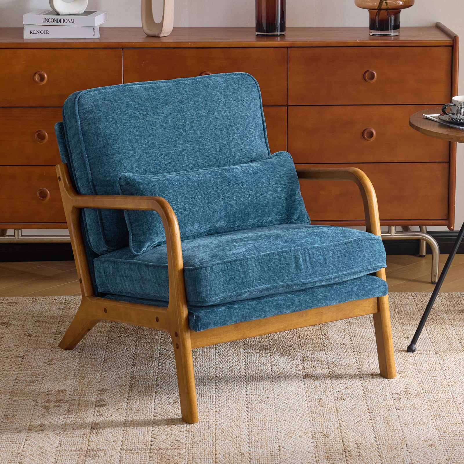 Karl home Accent Chair Mid-Century Modern Chair with Pillow Linen Fabric Upholstered Lounge Arm Chair with Solid Wood Frame & Soft Cushion for Living Room, Bedroom, Balcony, Beige