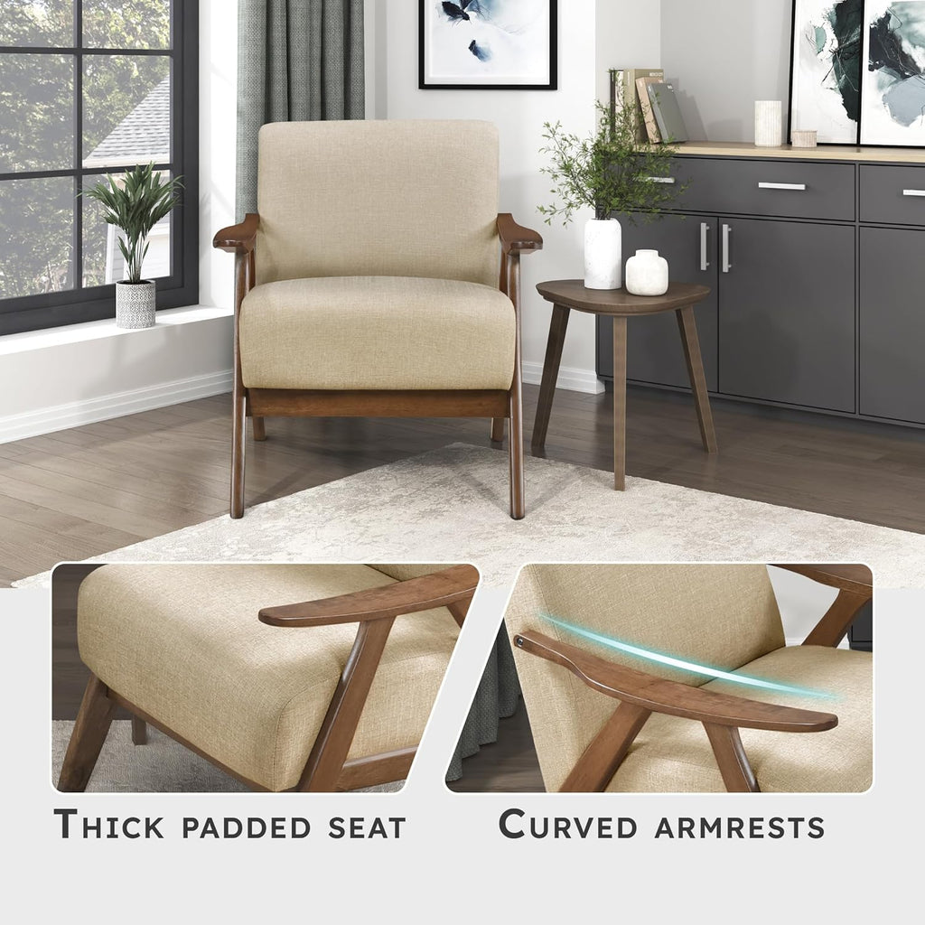 Lexicon Mid Century Modern Accent Chair with Solid Wood Frame in Walnut Finish, Upholstered Living Room Lounge Arm Chair, Thick and Comfy Innerspring Seat Cushion, Linen-Look Fabric, Light Brown