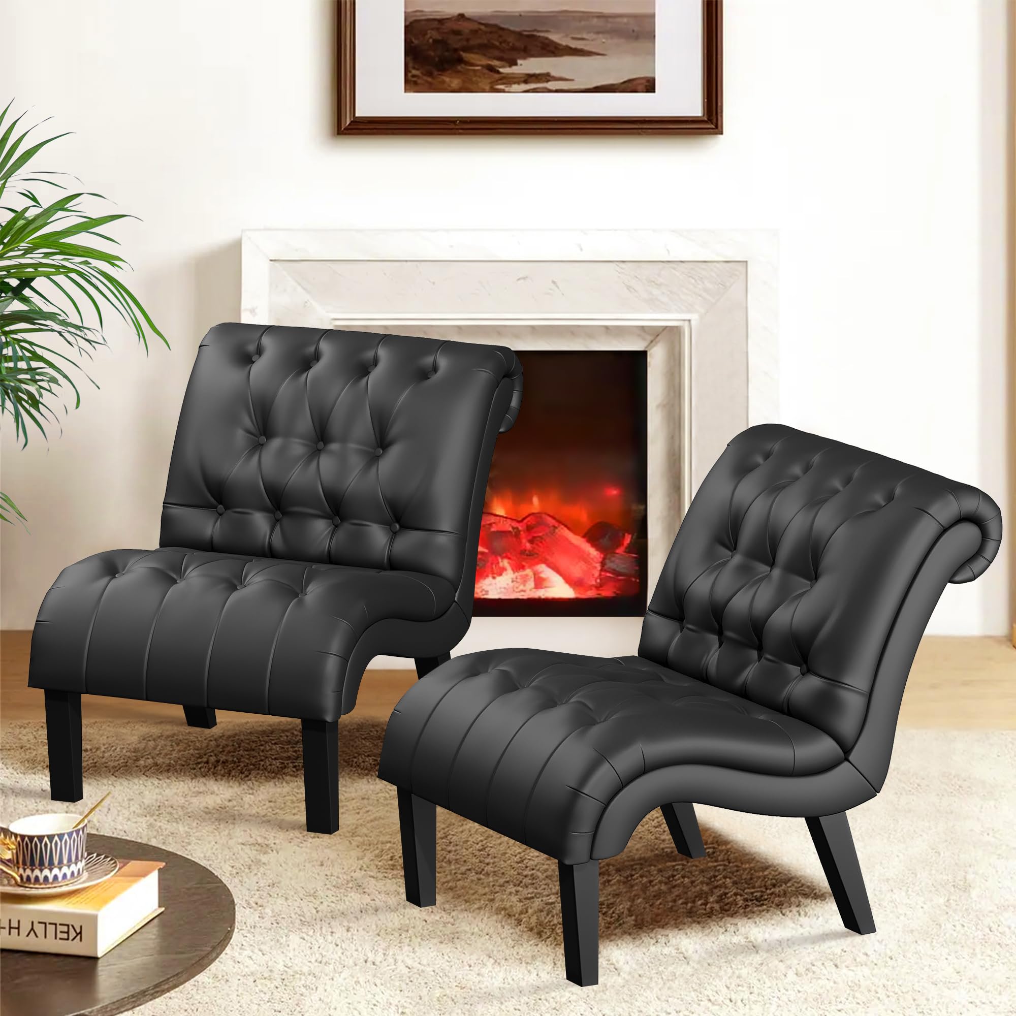Mid Century Modern Accent Chair, Button Tufted Armless Lounge Chair, Upholstered Linen Side Chair with Solid Wood Legs for Bedroom, Living Room, Office