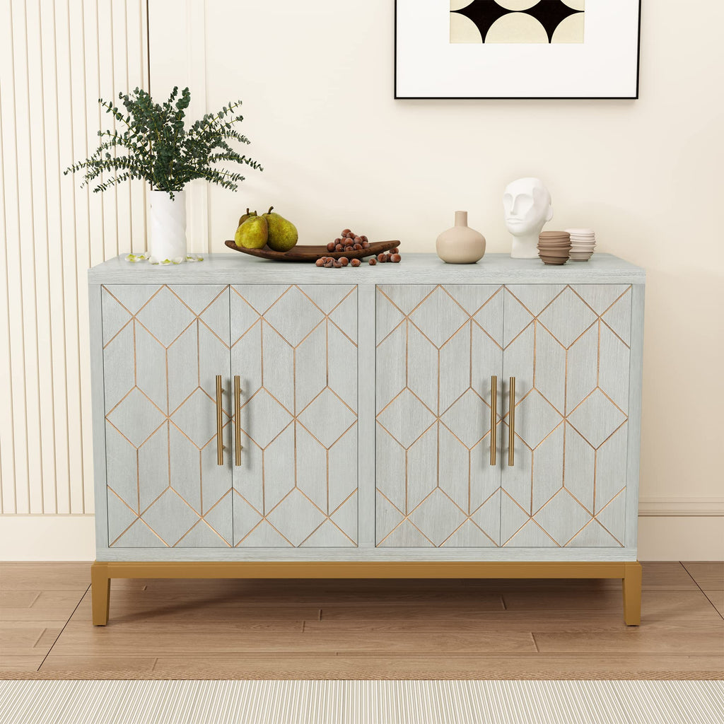 HLR 48" Accent Cabinet with 4 Doors and Shelves, Modern Credenza Storage Cabinet with Gold Trim, Sideboard Buffet for Living Room, Kitchen, Dining Room, Hallway, Blue