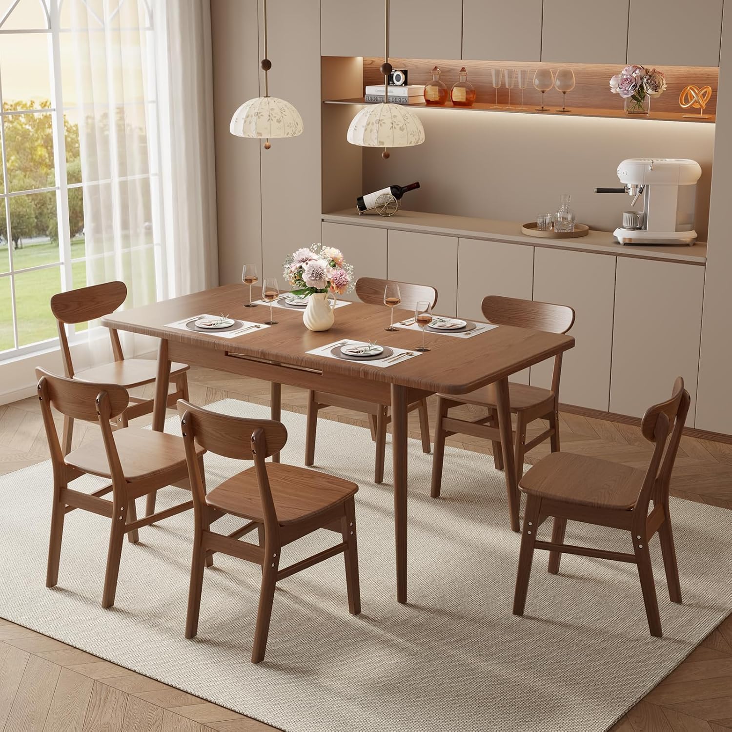 Muwuele Solid Wood Extendable Dining Table for 4-8 People with Seamless Extension from 47.2 to 63 Inches, Easy Assembly, Expandable Tables for Small Spaces, Dining Room, Kitchen, Living Room, Walnut