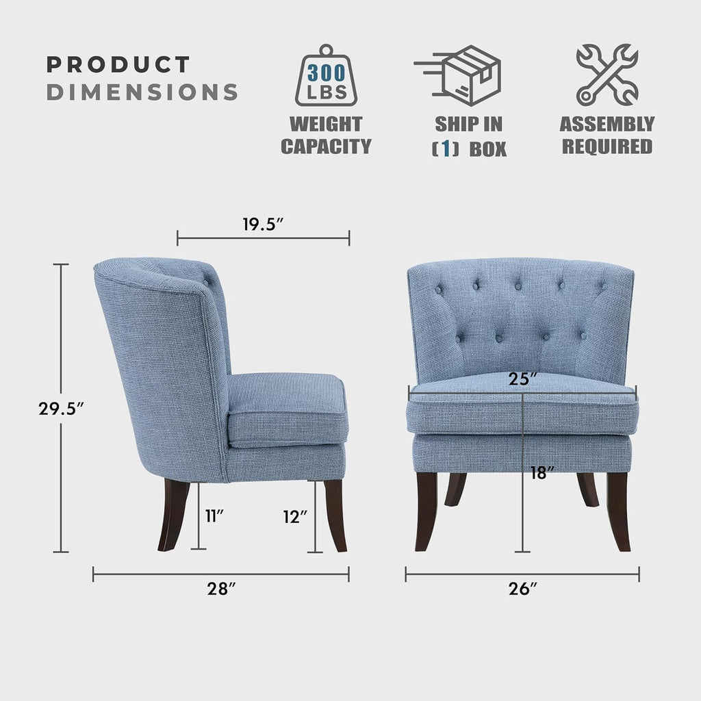 Blue Armless Accent Chair, Tufted Fabric Chair with Wood Legs for Living Room Bedroom Office