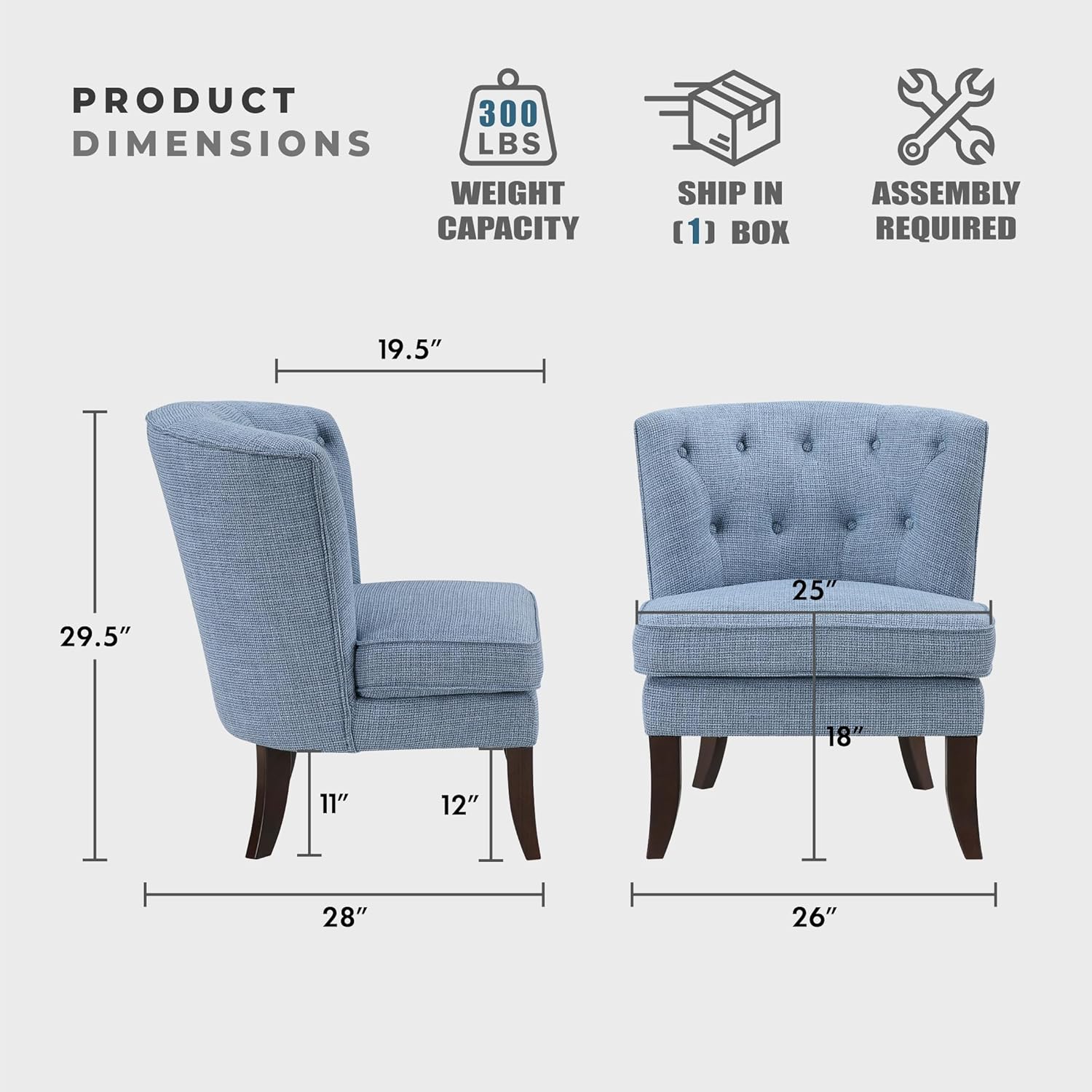 Blue Armless Accent Chair, Tufted Fabric Chair with Wood Legs for Living Room Bedroom Office