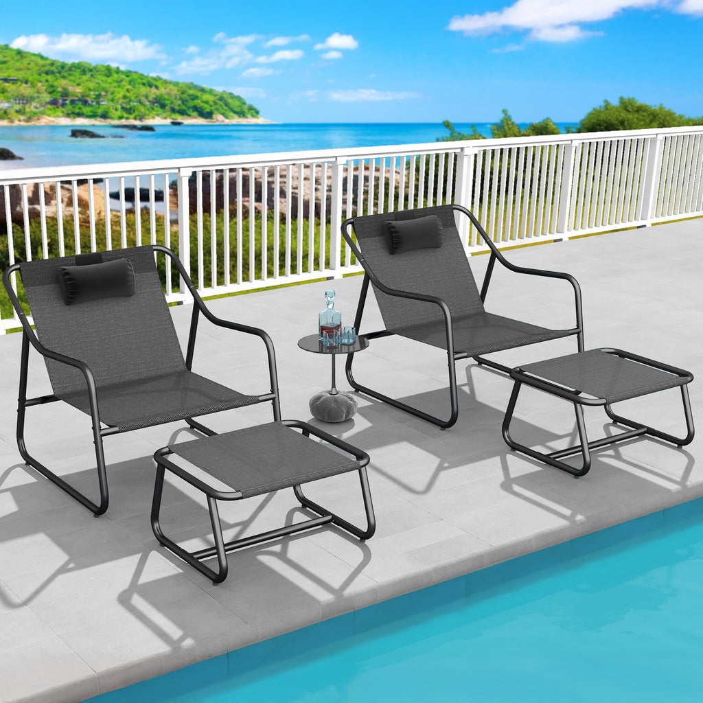 YITAHOME Patio Lounge Chair with Ottoman, Oversized Papasan Chair with Soft Cushion, Indoor/Outdoor Textilene Lounge with Teak Wood Handrail and Footstool for Living Room, Porch, Backyard or Garden