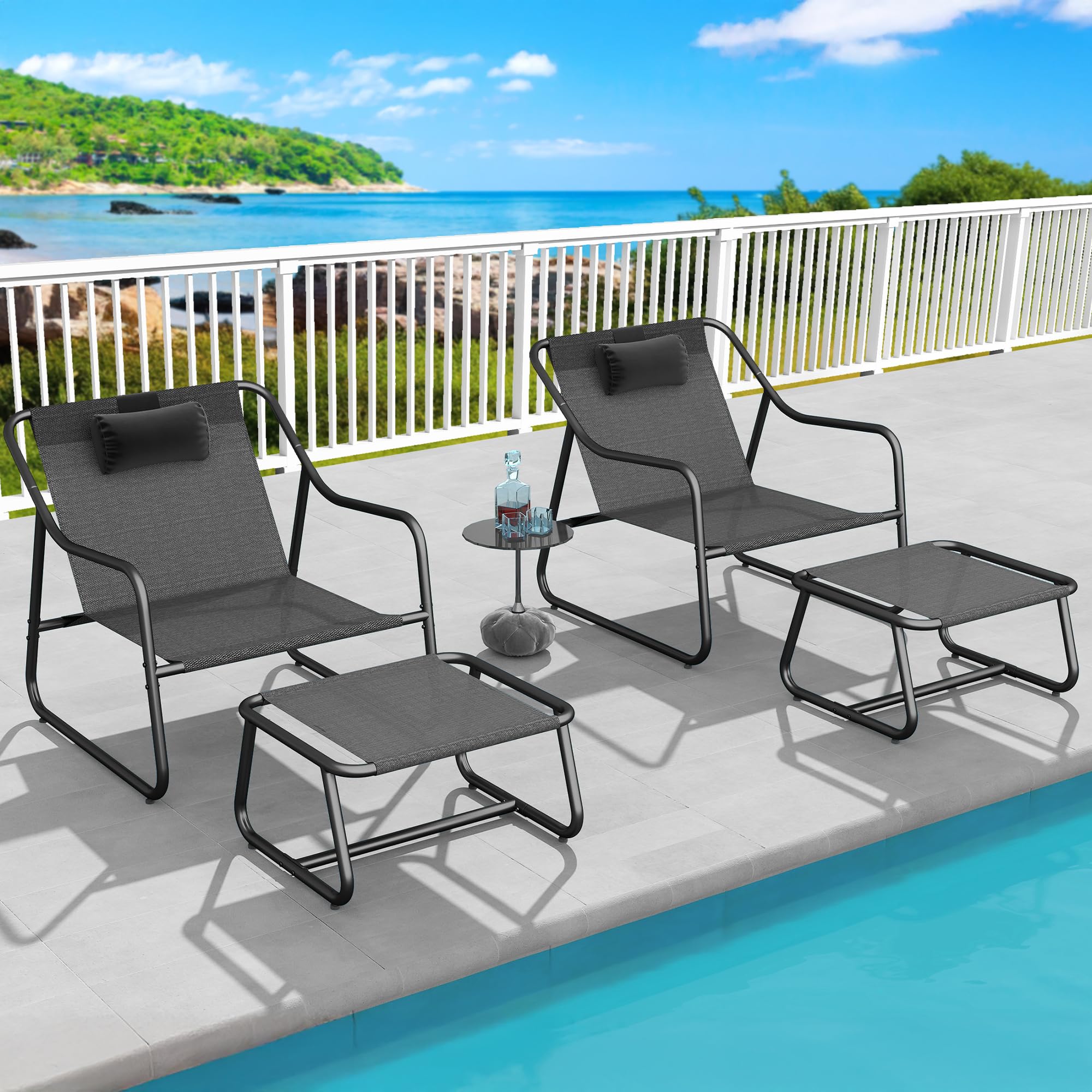 YITAHOME Patio Lounge Chair with Ottoman, Oversized Papasan Chair with Soft Cushion, Indoor/Outdoor Textilene Lounge with Teak Wood Handrail and Footstool for Living Room, Porch, Backyard or Garden