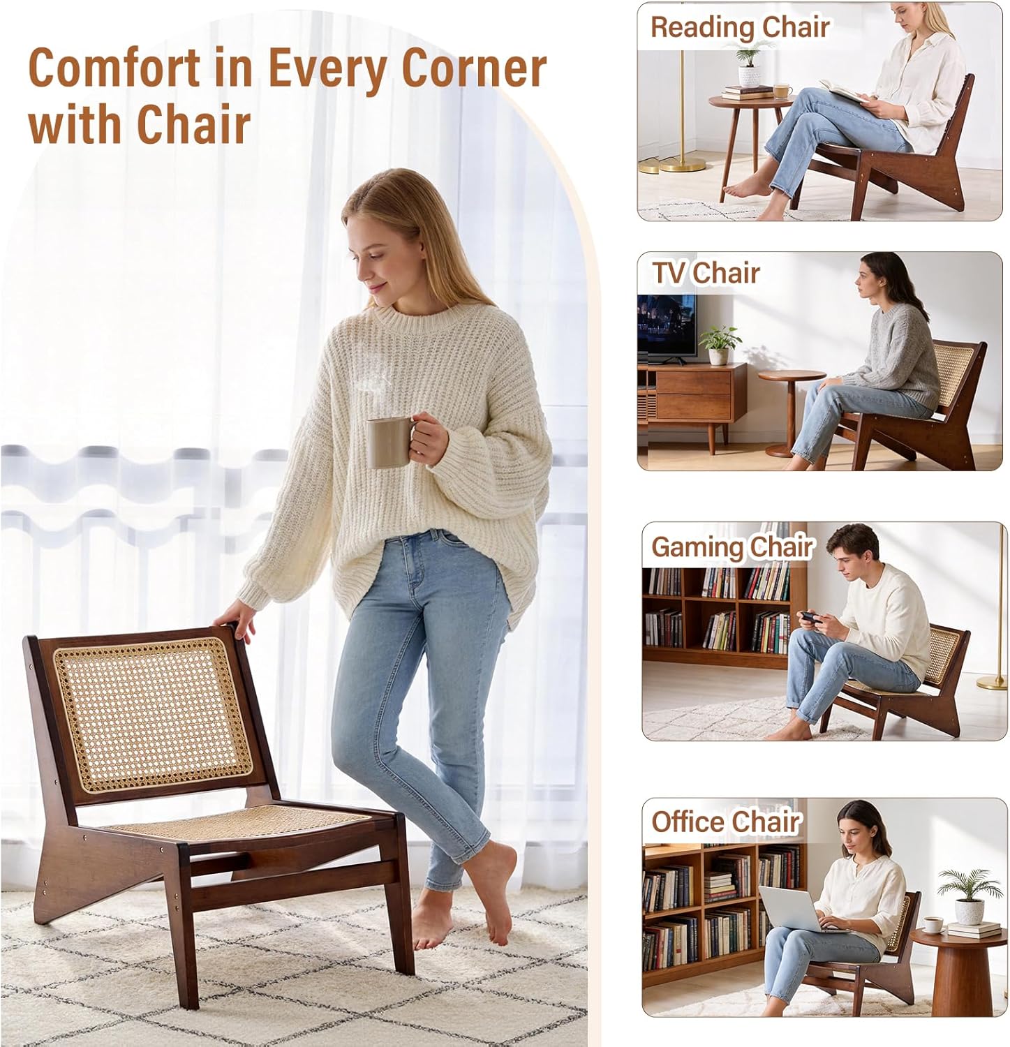 MBOOYOME Mid Century Modern Accent Chair for Living Room, Low Lounge Chair with Solid Wood Frame, Comfy Armchair for Bedroom and Balcony, Walnut