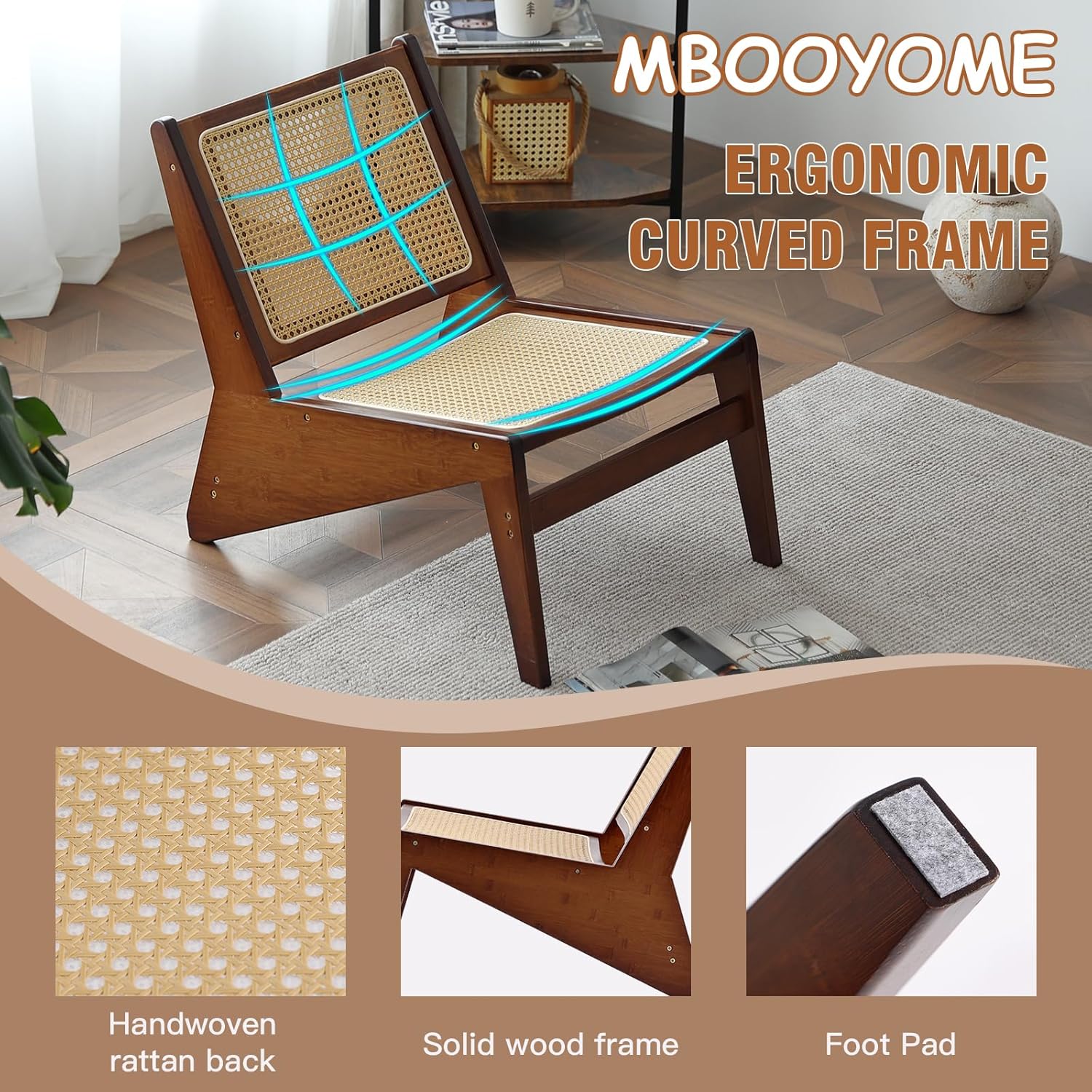 MBOOYOME Mid Century Modern Accent Chair for Living Room, Low Lounge Chair with Solid Wood Frame, Comfy Armchair for Bedroom and Balcony, Walnut