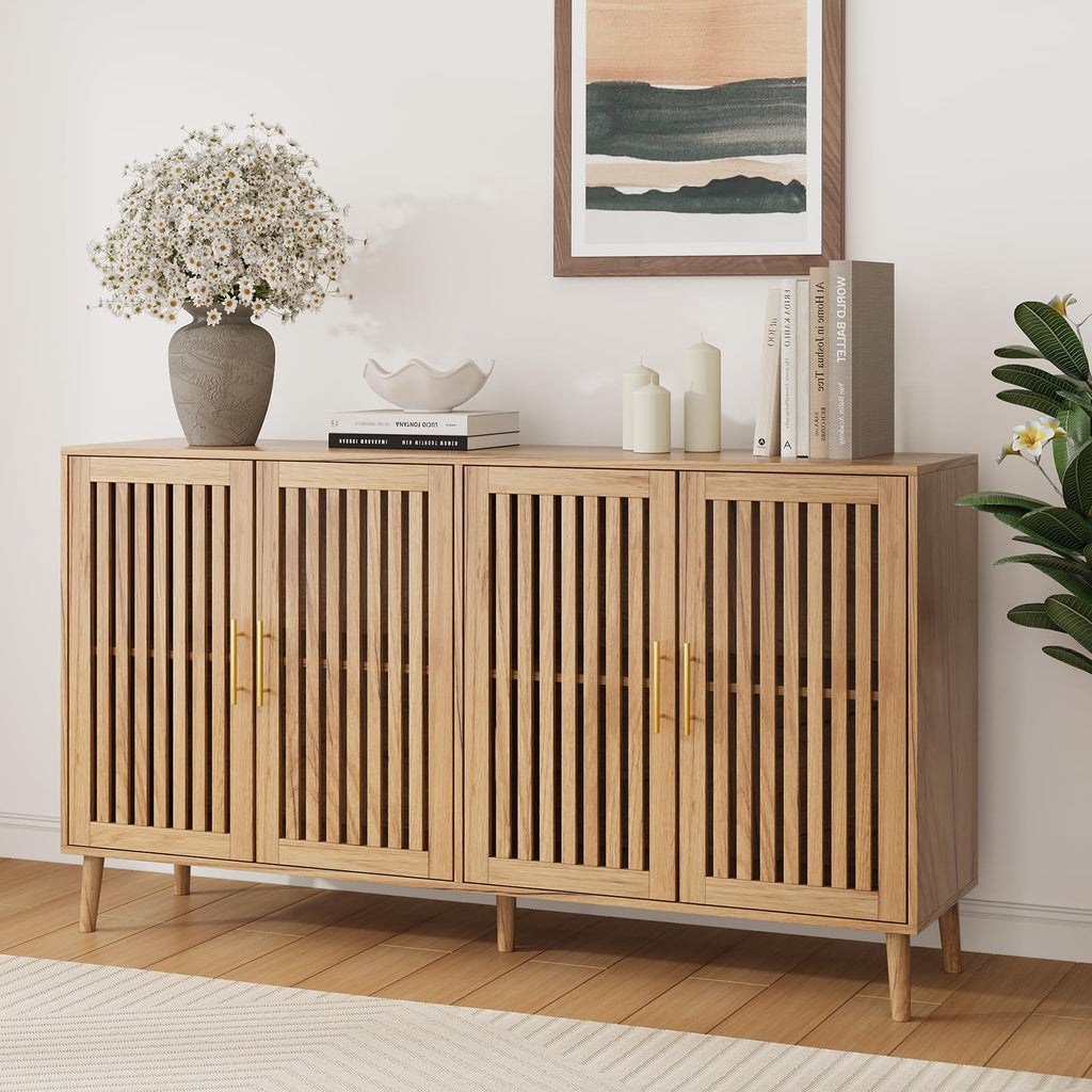 Smart FENDEE Sideboard Cabinet, 31.5" W Farmhouse Buffet Cabinet with Slatted Doors & Adjustable Shelf, Wood Coffee Bar Storage Station for Kitchen, Dining Room, Living Room, Entryway, Walnut Color