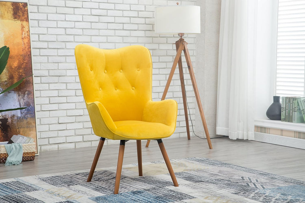 Roundhill Furniture AC155YL Doarnin Silky Velvet Tufted Button Accent Chair, Yellow 30D x 41.5W x 26.8H in