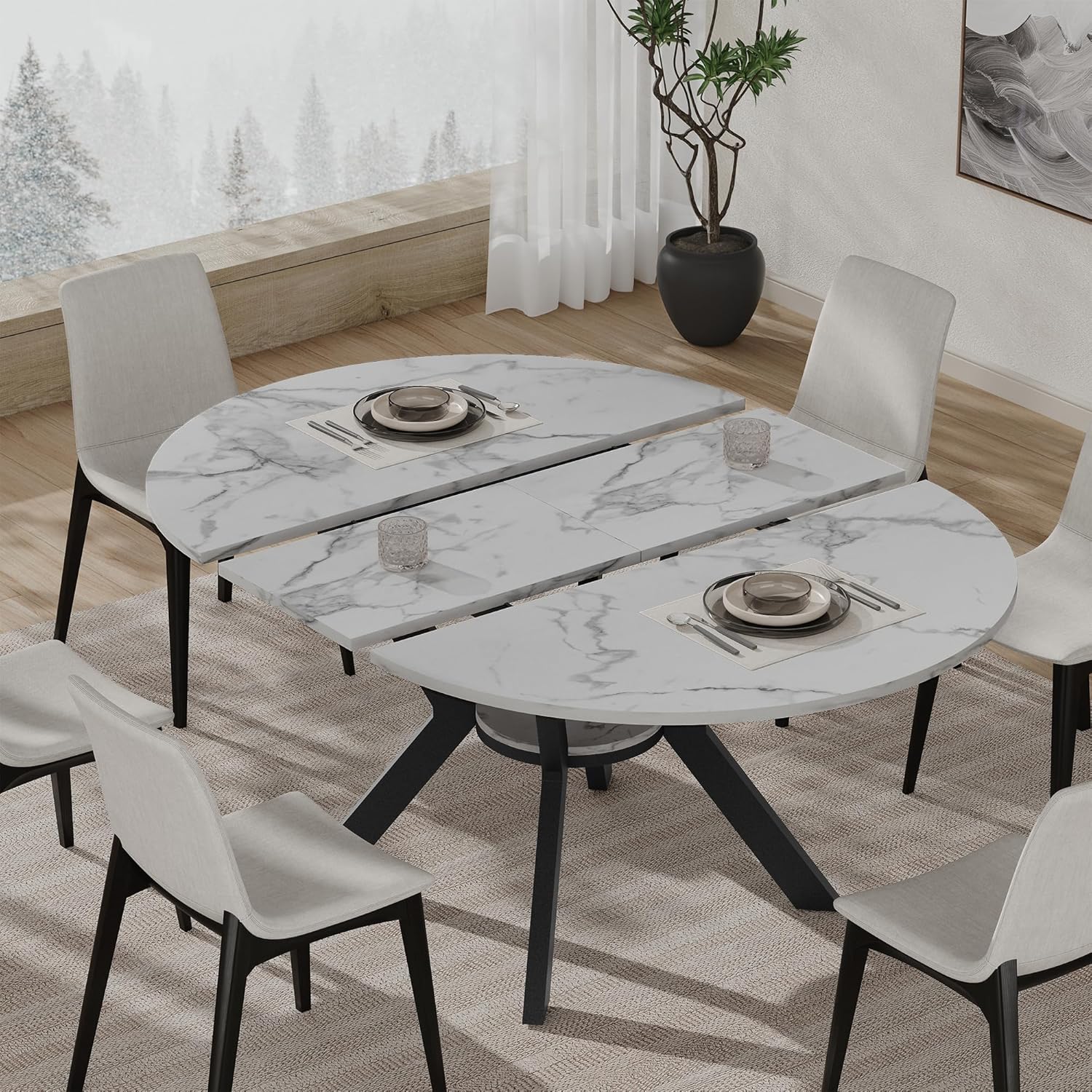 42"-58" Round Extendable Dining Table for 4-6, Kitchen Oval Table with Hidden Leaves & Storage Shelf, Space Saving Modern Design with Sturdy Metal Legs for Kitchen, Dining Room & Small Apartments