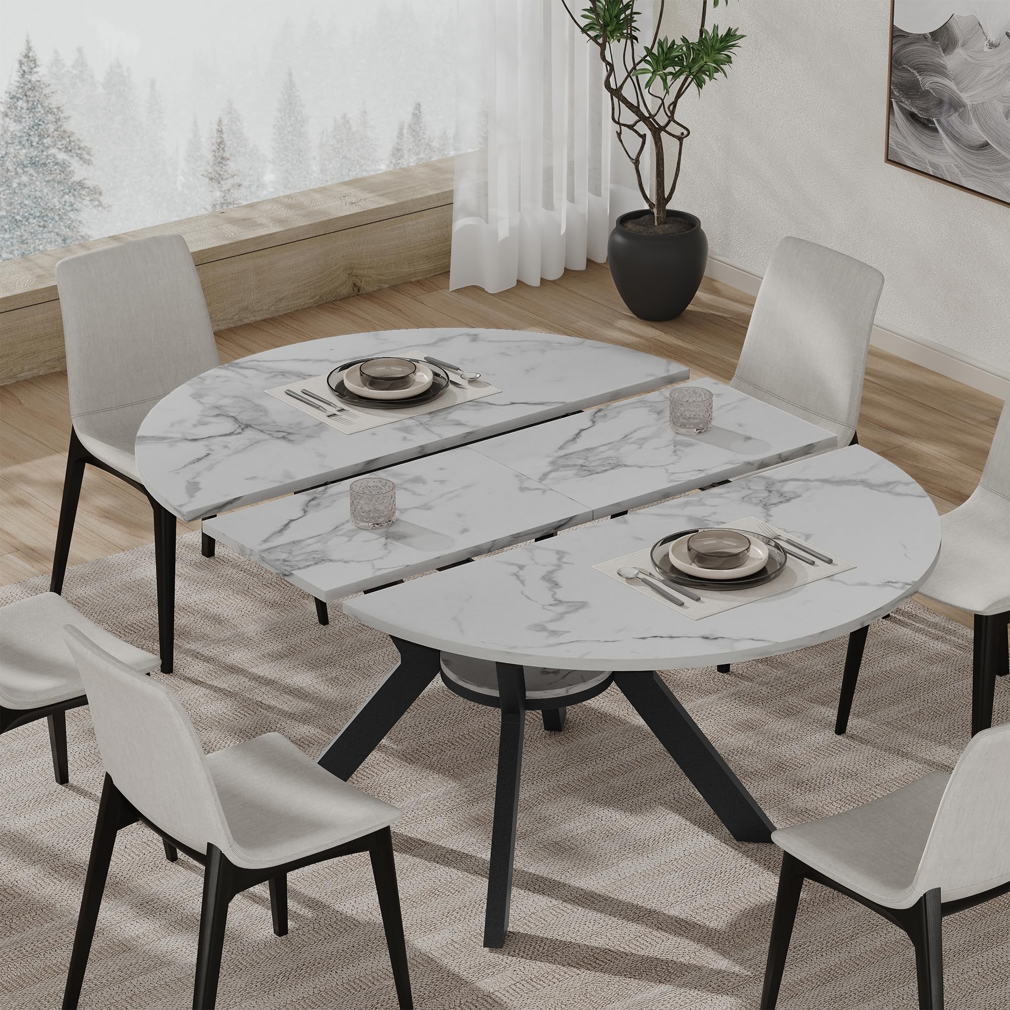 42"-58" Extendable Round Dining Table with Hidden Leaves & Storage Shelf, Metal Legs for Small Spaces