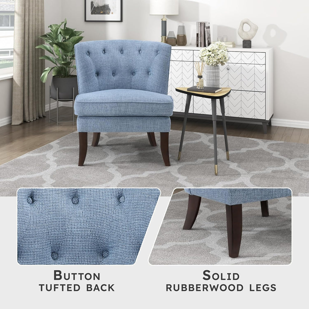 Blue Armless Accent Chair, Tufted Fabric Chair with Wood Legs for Living Room Bedroom Office
