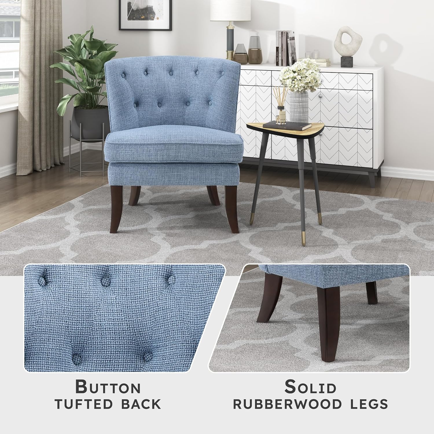 Blue Armless Accent Chair, Tufted Fabric Chair with Wood Legs for Living Room Bedroom Office