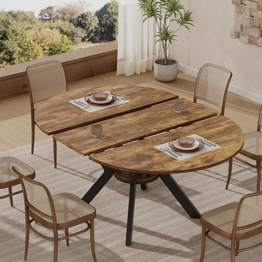 42"-58" Round Extendable Dining Table for 4-6, Kitchen Oval Table with Hidden Leaves & Storage Shelf, Space Saving Modern Design with Sturdy Metal Legs for Kitchen, Dining Room & Small Apartments