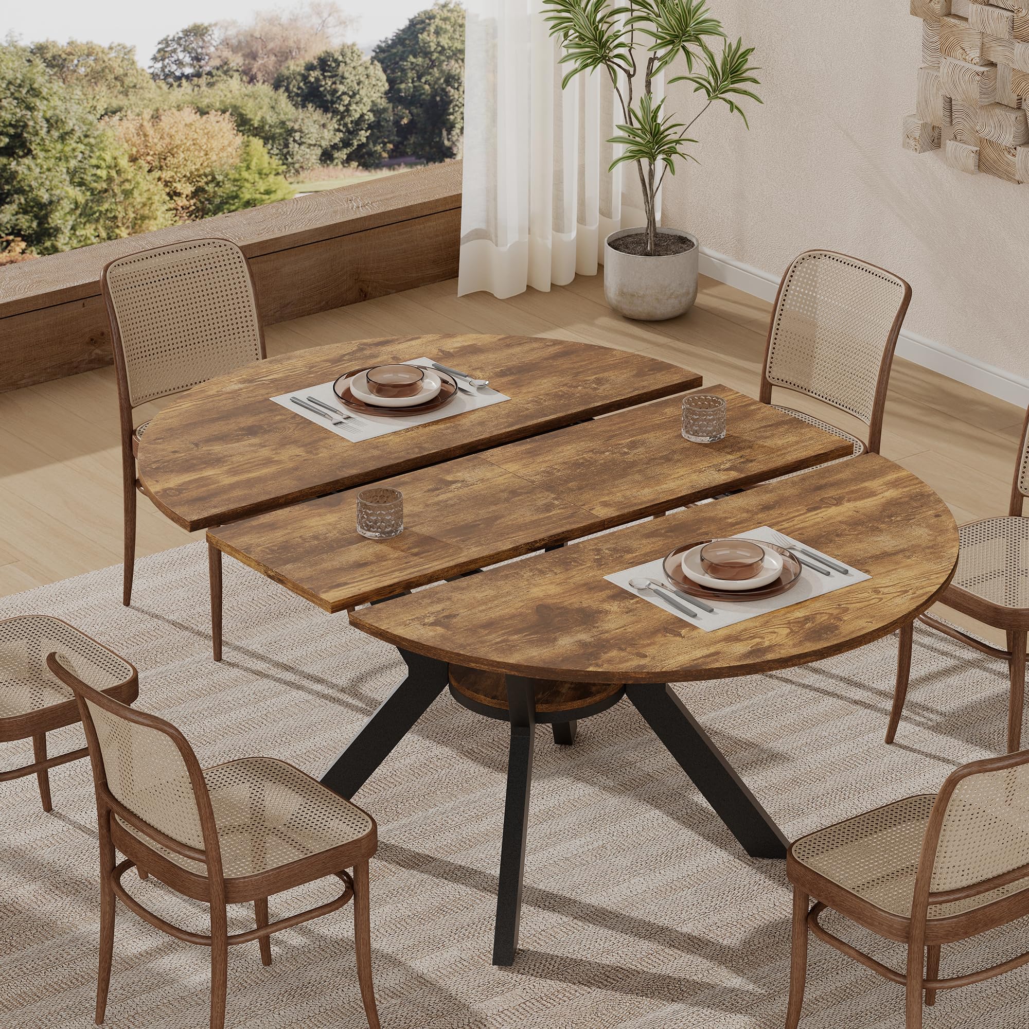 42"-58" Round Extendable Dining Table for 4-6, Kitchen Oval Table with Hidden Leaves & Storage Shelf, Space Saving Modern Design with Sturdy Metal Legs for Kitchen, Dining Room & Small Apartments