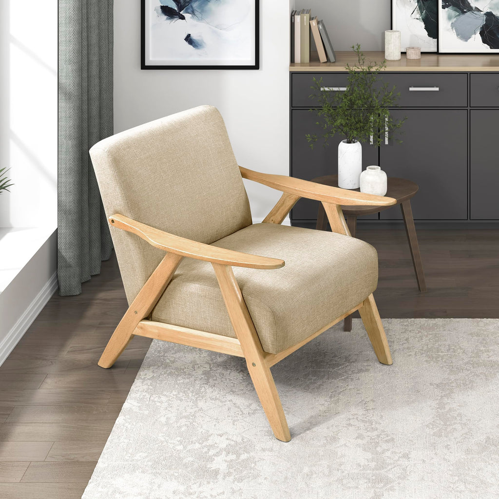 Lexicon Mid Century Modern Accent Chair with Solid Wood Frame in Walnut Finish, Upholstered Living Room Lounge Arm Chair, Thick and Comfy Innerspring Seat Cushion, Linen-Look Fabric, Light Brown
