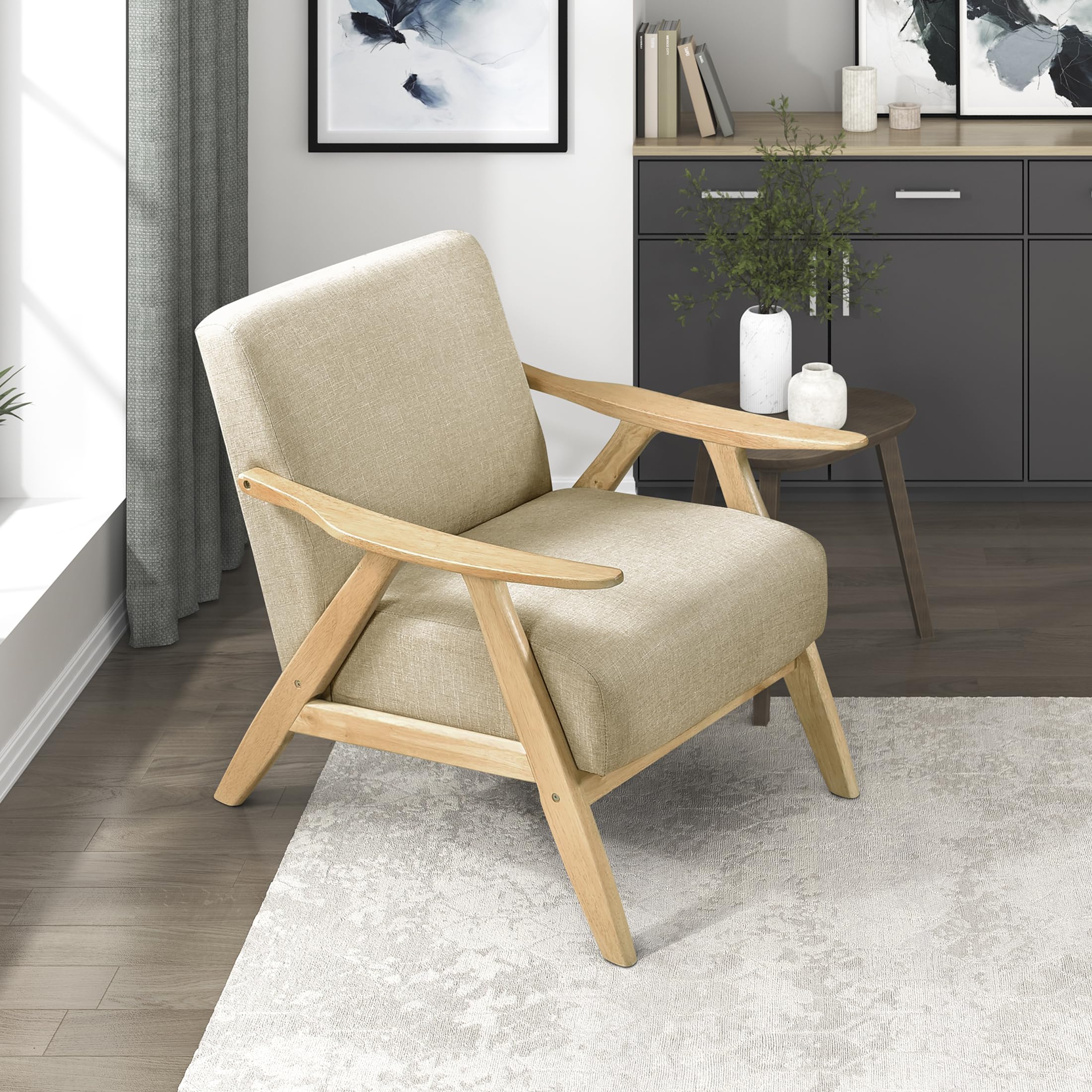 Lexicon Mid Century Modern Accent Chair with Solid Wood Frame in Walnut Finish, Upholstered Living Room Lounge Arm Chair, Thick and Comfy Innerspring Seat Cushion, Linen-Look Fabric, Light Brown