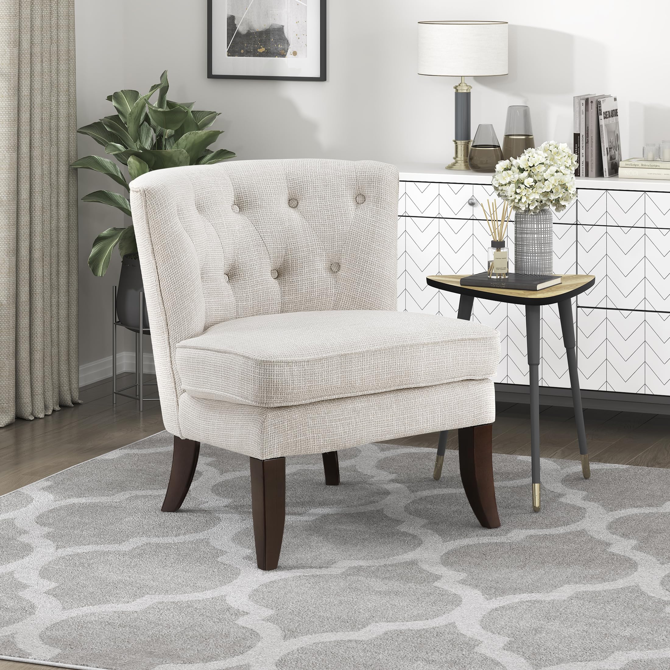 Blue Armless Accent Chair, Tufted Fabric Chair with Wood Legs for Living Room Bedroom Office