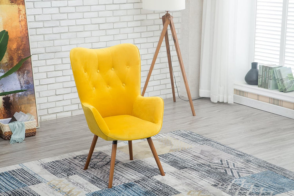 Roundhill Furniture AC155YL Doarnin Silky Velvet Tufted Button Accent Chair, Yellow 30D x 41.5W x 26.8H in