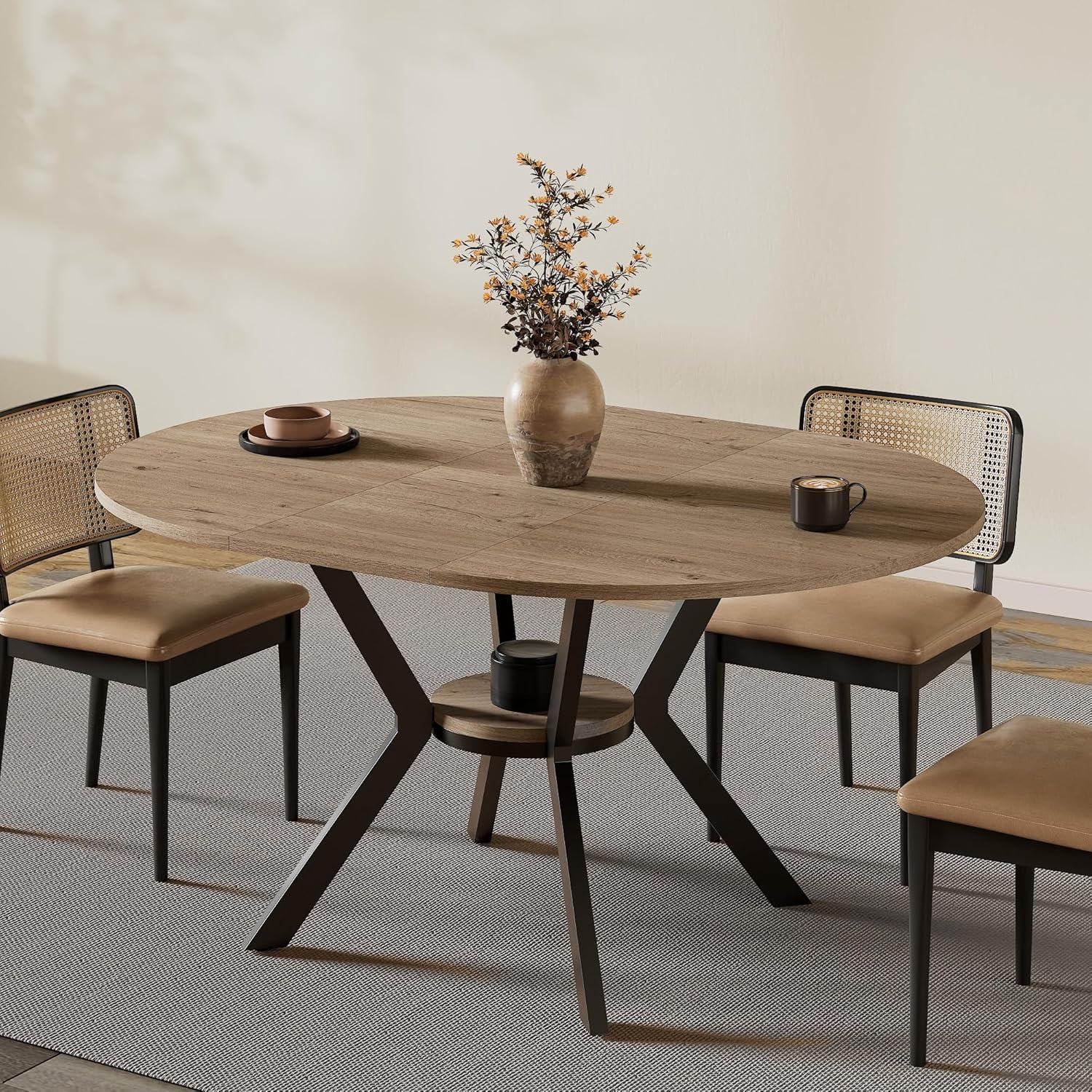 42"-58" Extendable Round Dining Table with Built-in Flip Leaf, Modern Oval Kitchen Table for 4-6, Space-Saving Small Room Furniture with Storage Shelf and X-Shaped Metal Base