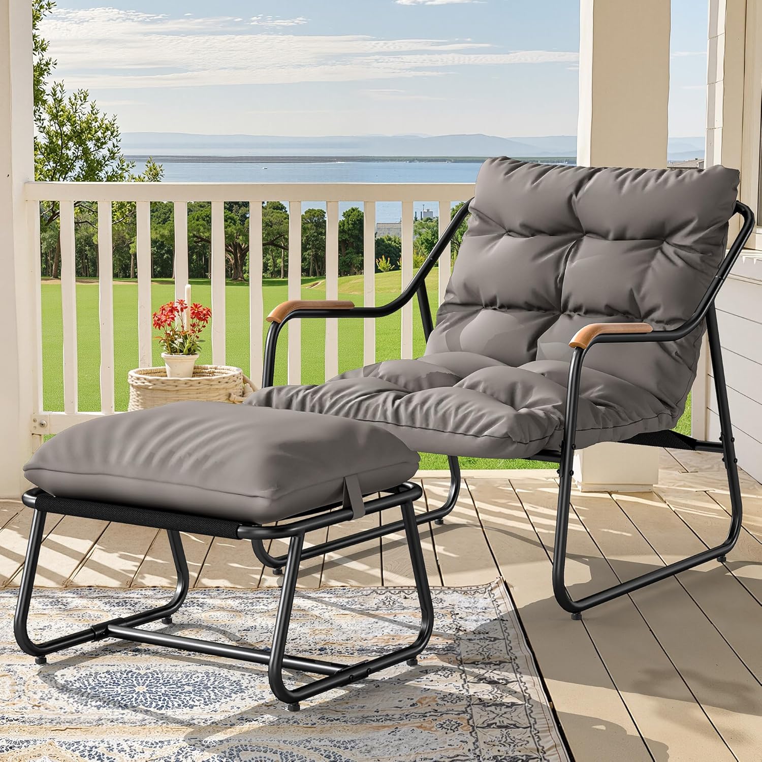 YITAHOME Patio Lounge Chair with Ottoman, Oversized Papasan Chair with Soft Cushion, Indoor/Outdoor Textilene Lounge with Teak Wood Handrail and Footstool for Living Room, Porch, Backyard or Garden