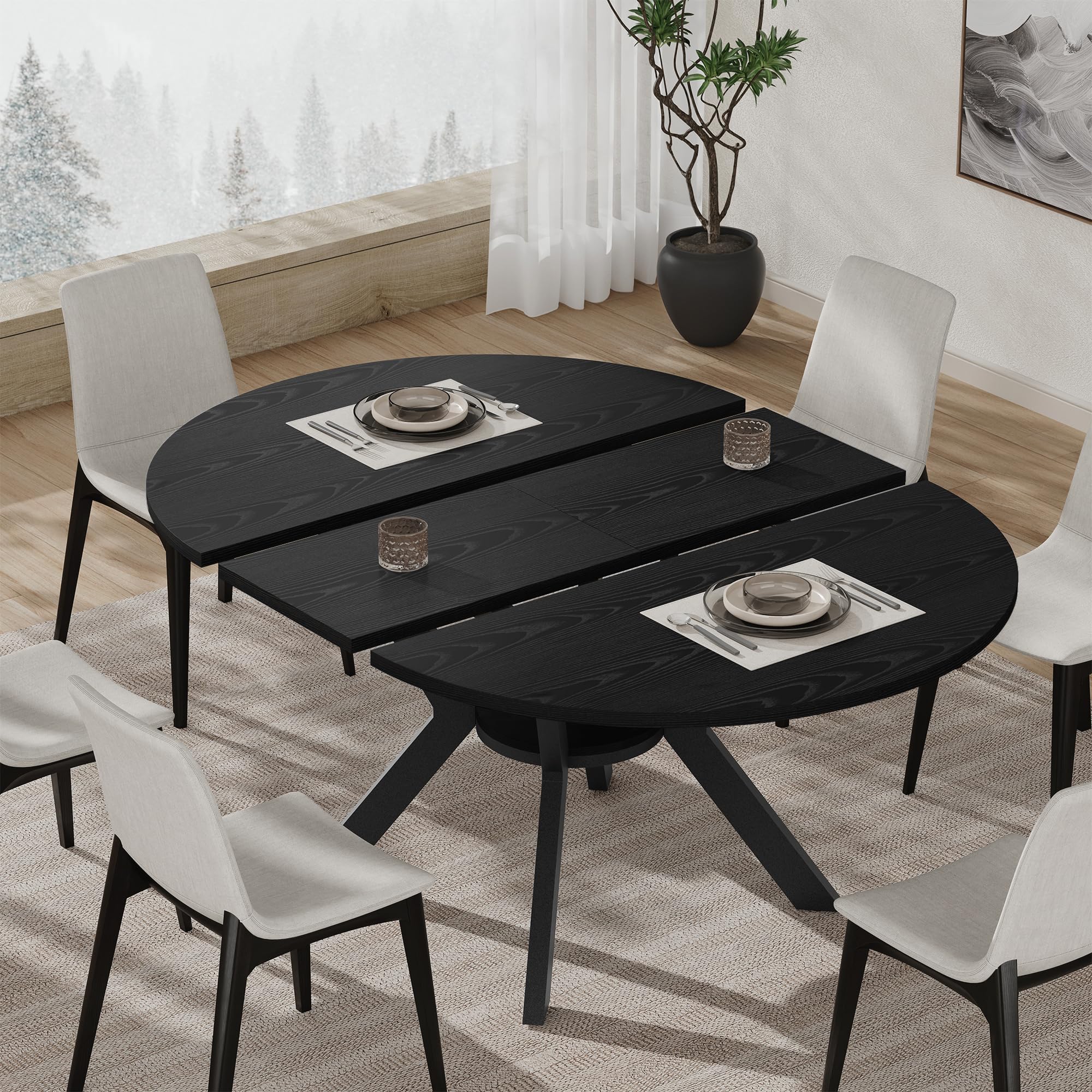 42"-58" Round Extendable Dining Table for 4-6, Kitchen Oval Table with Hidden Leaves & Storage Shelf, Space Saving Modern Design with Sturdy Metal Legs for Kitchen, Dining Room & Small Apartments