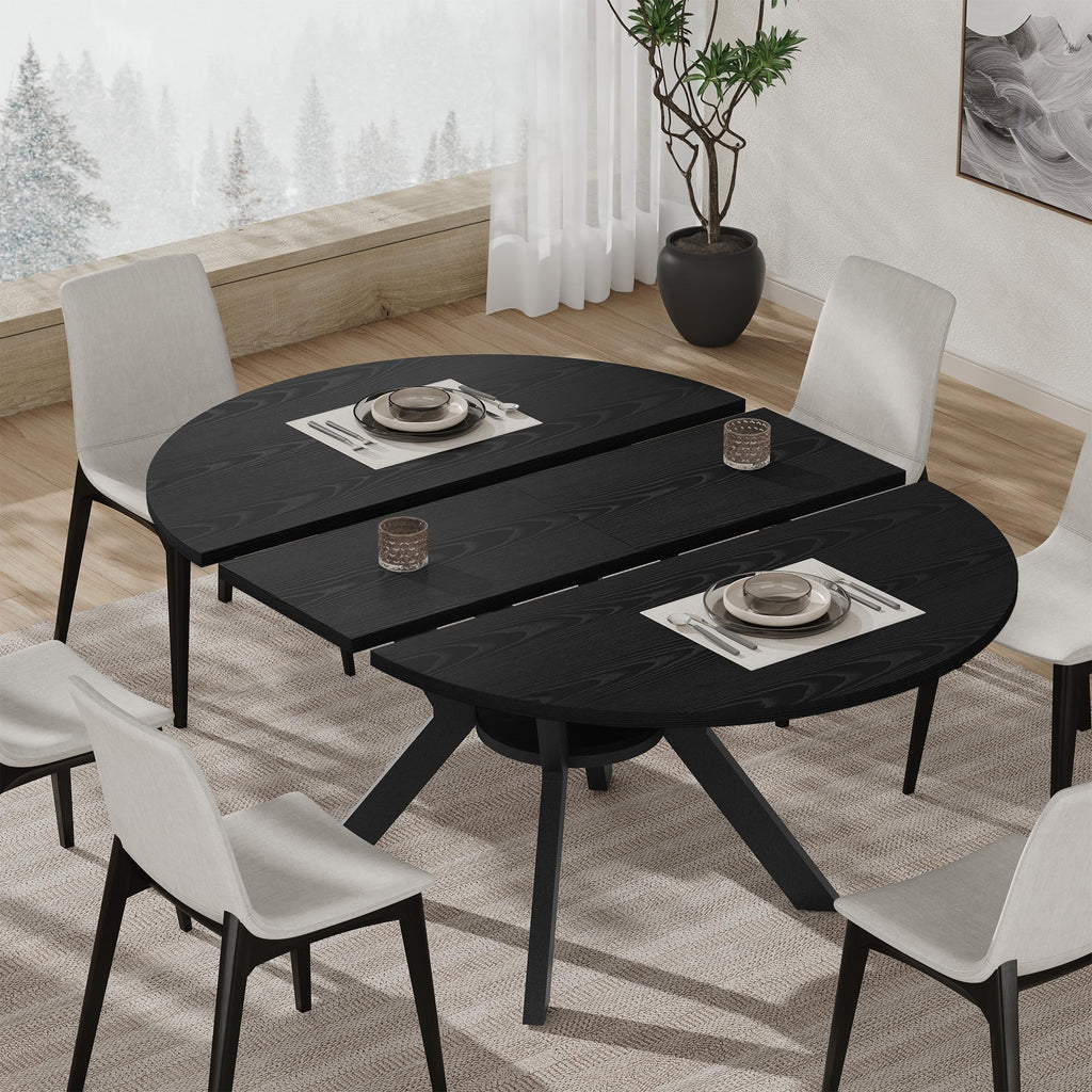 42"-58" Extendable Round Dining Table with Built-in Flip Leaf, Modern Oval Kitchen Table for 4-6, Space-Saving Small Room Furniture with Storage Shelf and X-Shaped Metal Base