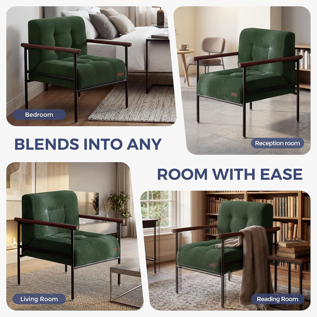 MAXYOYO Living Room Accent Chair, Modern Chair with Sturdy Metal Frame & Wood Armrests, Upholstered Reading Chair with Upholstered Cushion for Bedroom Balcony Porch, Dark Green