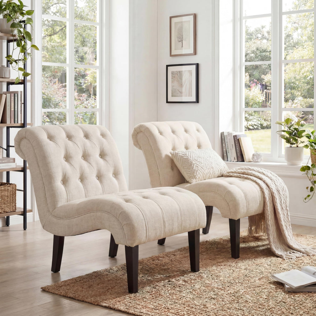Mid Century Modern Accent Chair, Button Tufted Armless Lounge Chair, Upholstered Linen Side Chair with Solid Wood Legs for Bedroom, Living Room, Office