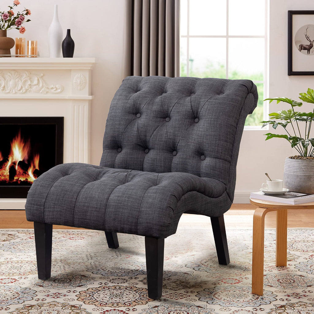 Mid Century Modern Accent Chair, Button Tufted Armless Lounge Chair, Upholstered Linen Side Chair with Solid Wood Legs for Bedroom, Living Room, Office