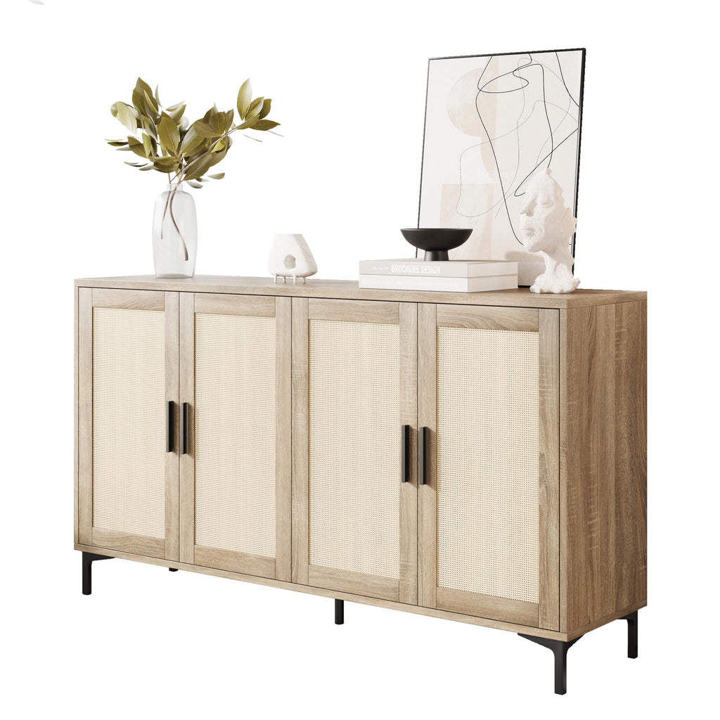 48" Rattan Sideboard Buffet Cabinet with Doors & Adjustable Shelves, Black Storage Console Table for Kitchen Living Room Entryway