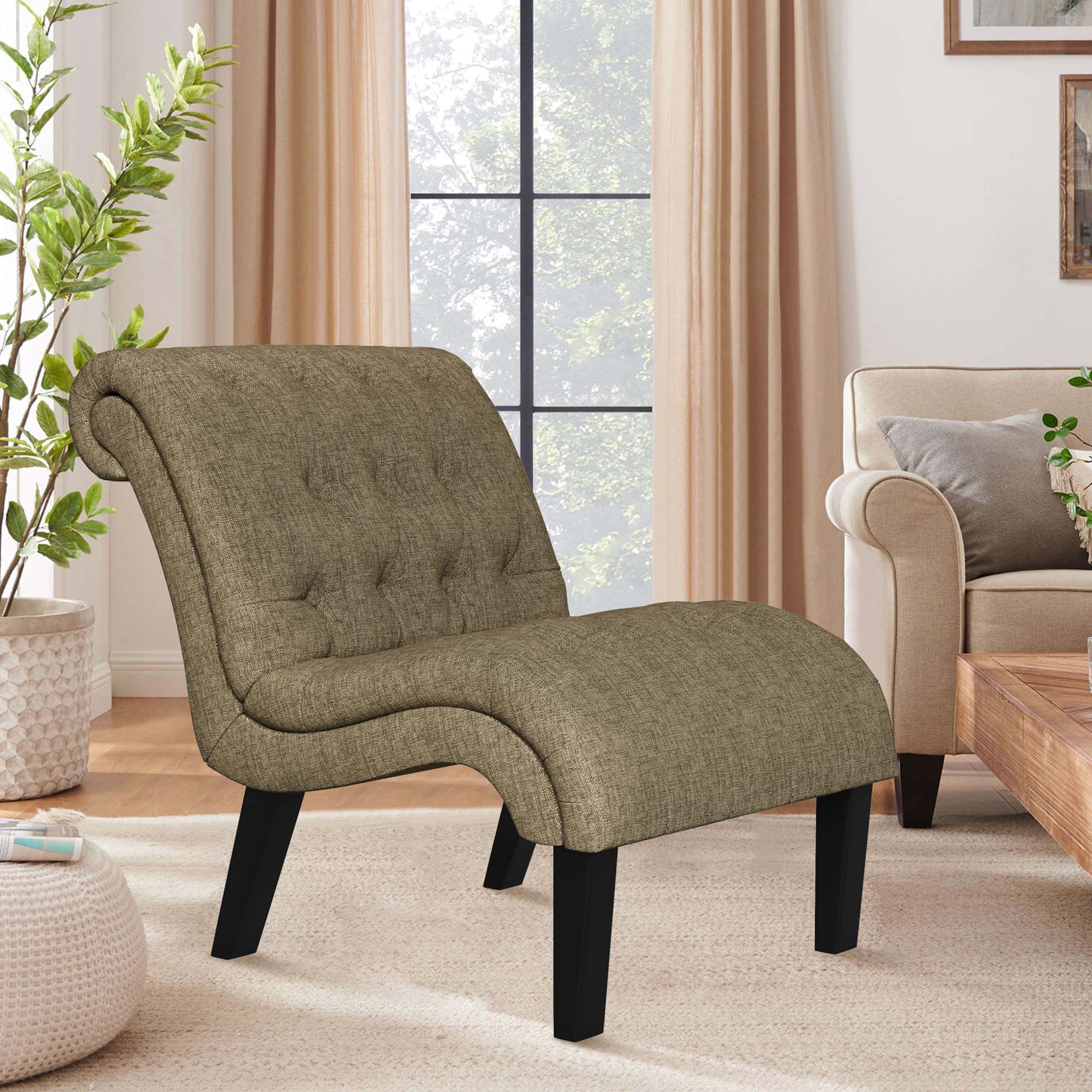 Mid Century Modern Accent Chair, Button Tufted Armless Lounge Chair, Upholstered Linen Side Chair with Solid Wood Legs for Bedroom, Living Room, Office