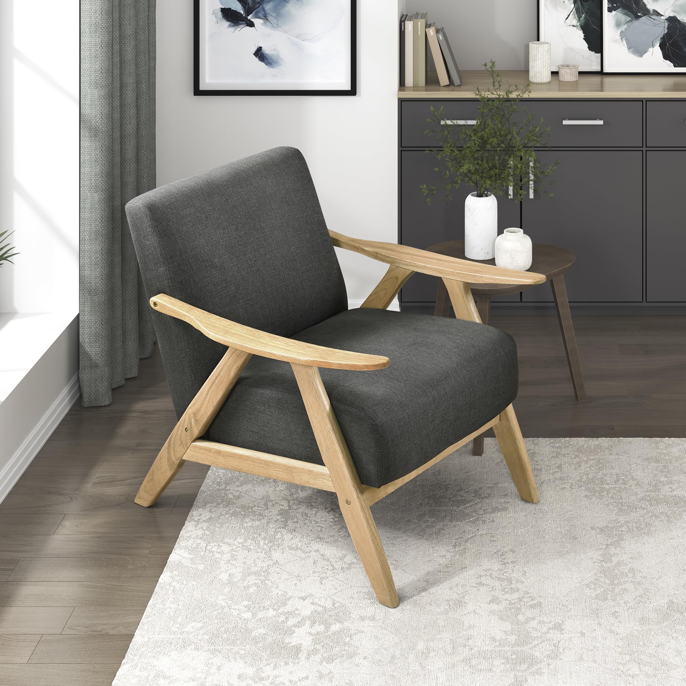 Lexicon Mid Century Modern Accent Chair with Solid Wood Frame in Walnut Finish, Upholstered Living Room Lounge Arm Chair, Thick and Comfy Innerspring Seat Cushion, Linen-Look Fabric, Light Brown
